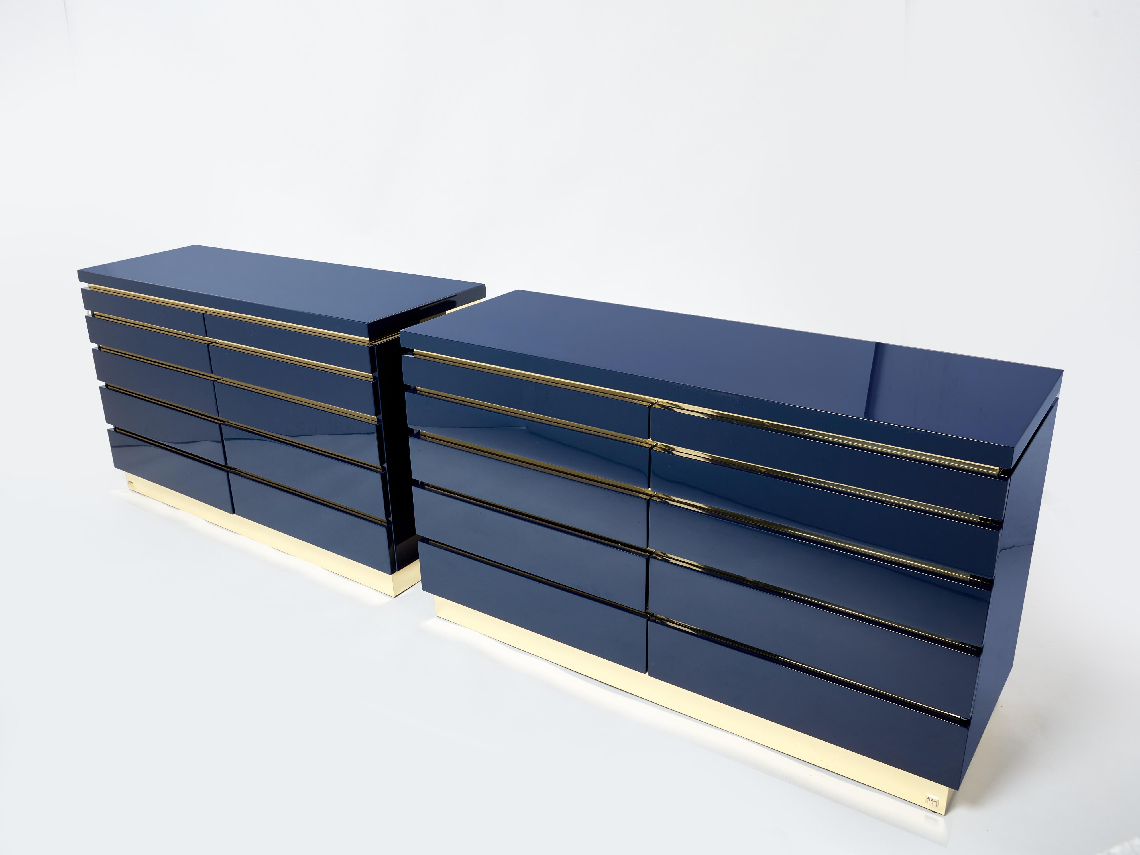 French Pair of Jean-Claude Mahey Dark Blue Lacquered Brass Commodes, 1970s