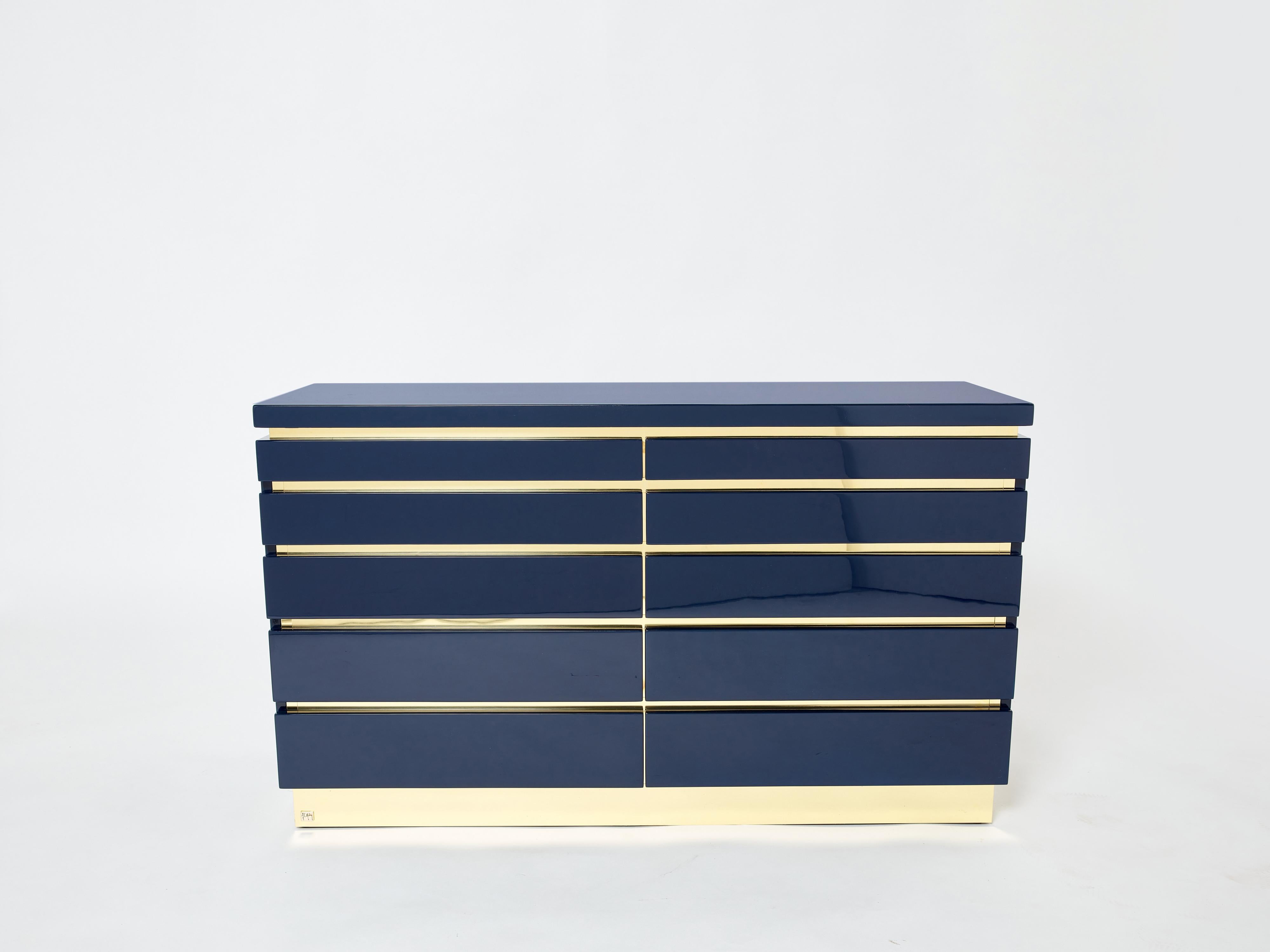 Late 20th Century Pair of Jean-Claude Mahey Dark Blue Lacquered Brass Commodes, 1970s For Sale