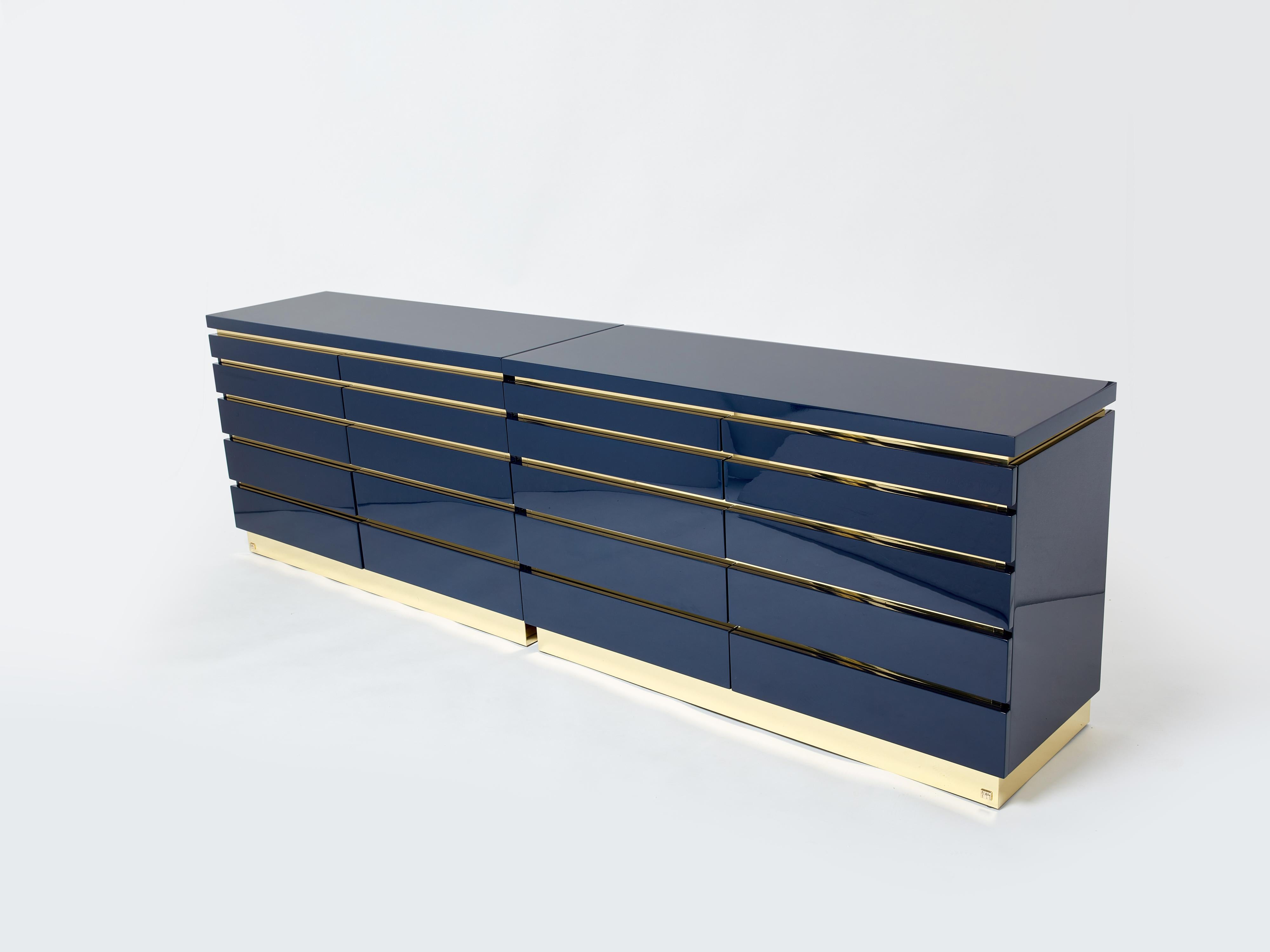 Pair of Jean-Claude Mahey Dark Blue Lacquered Brass Commodes, 1970s 1