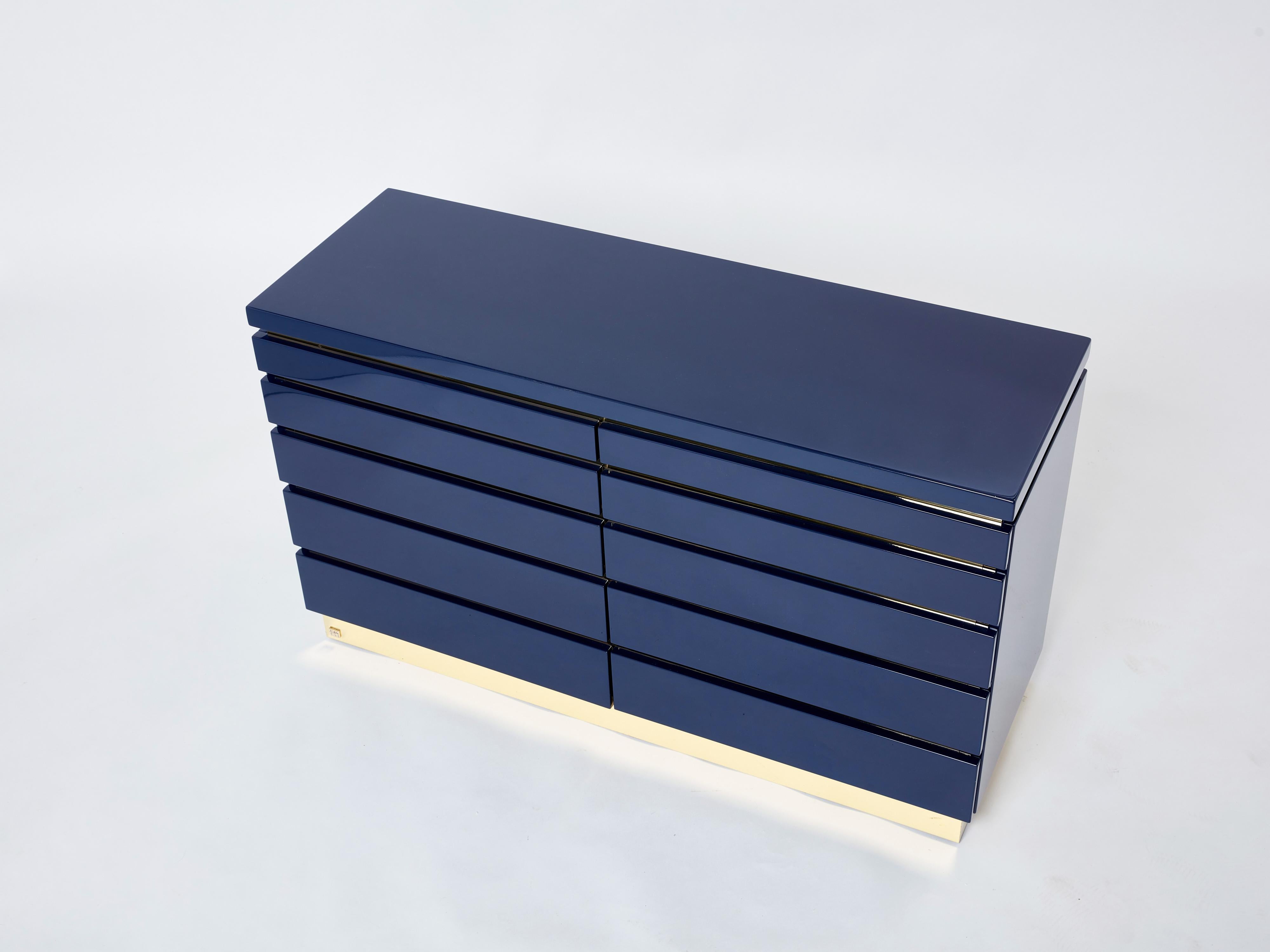 Pair of Jean-Claude Mahey Dark Blue Lacquered Brass Commodes, 1970s For Sale 2