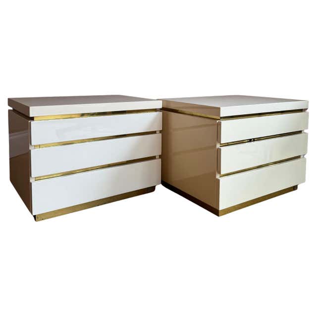Pair of Jean-Claude Mahey laquer and brass bedside tables with drawers ...