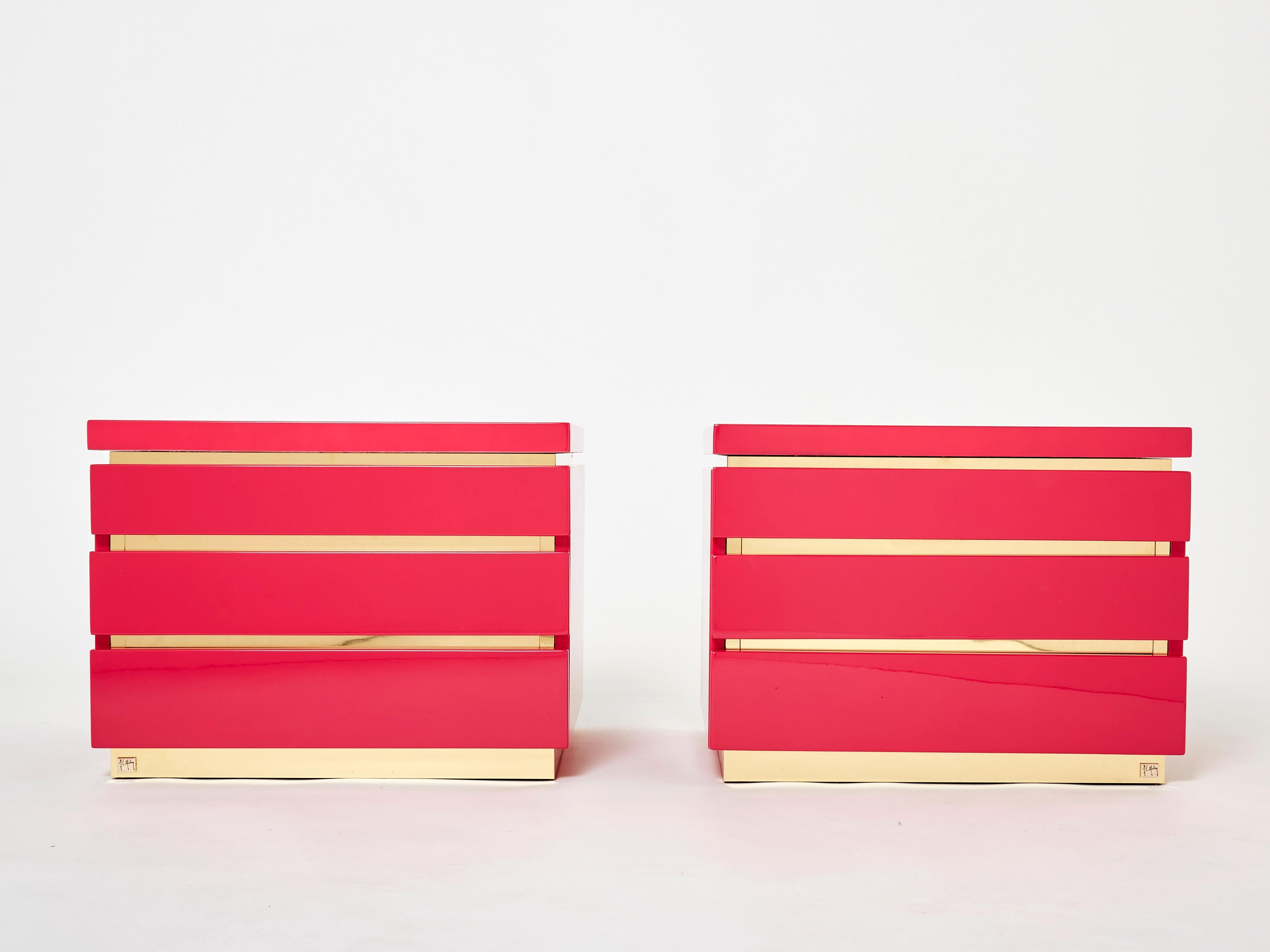 Pair of Jean-Claude Mahey Pink Lacquered Brass Nightstands, 1970s For Sale 4