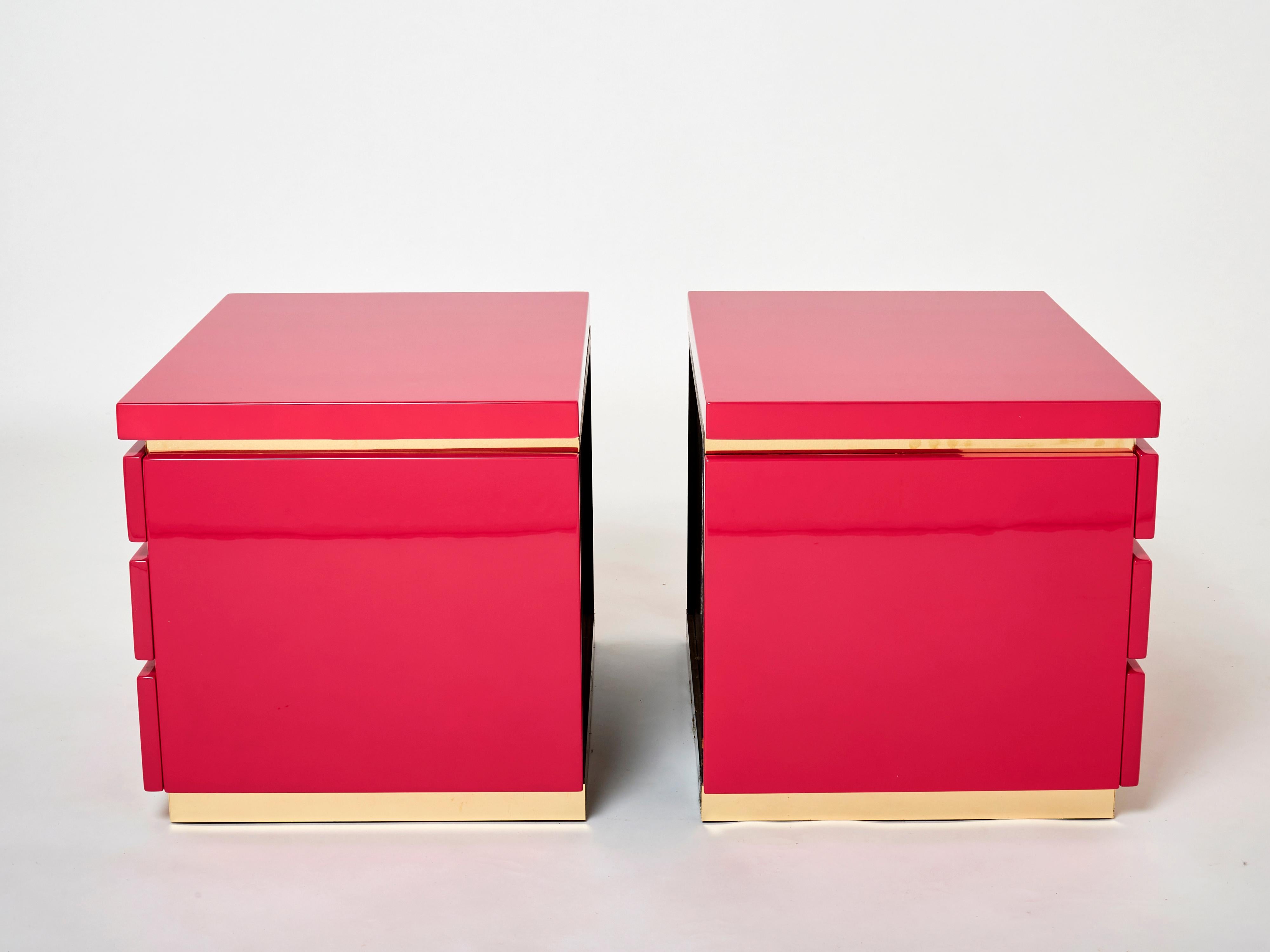 Pair of Jean-Claude Mahey Pink Lacquered Brass Nightstands, 1970s For Sale 5