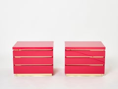 Pair of Jean-Claude Mahey Pink Lacquered Brass Nightstands, 1970s