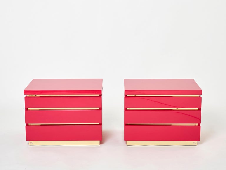 Pair of JeanClaude Mahey Pink Lacquered Brass Nightstands, 1970s For