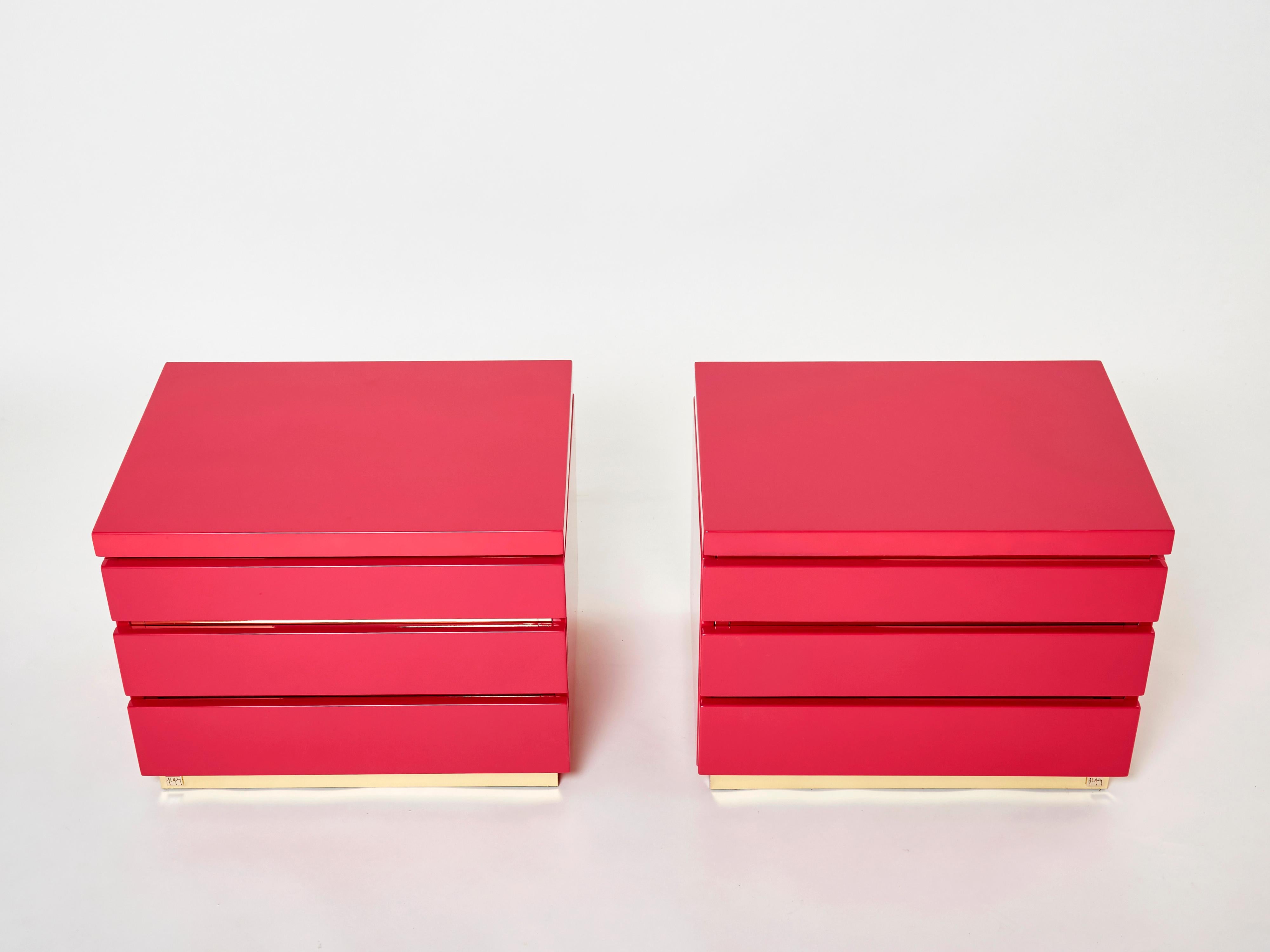 Late 20th Century Pair of Jean-Claude Mahey Pink Lacquered Brass Nightstands, 1970s For Sale