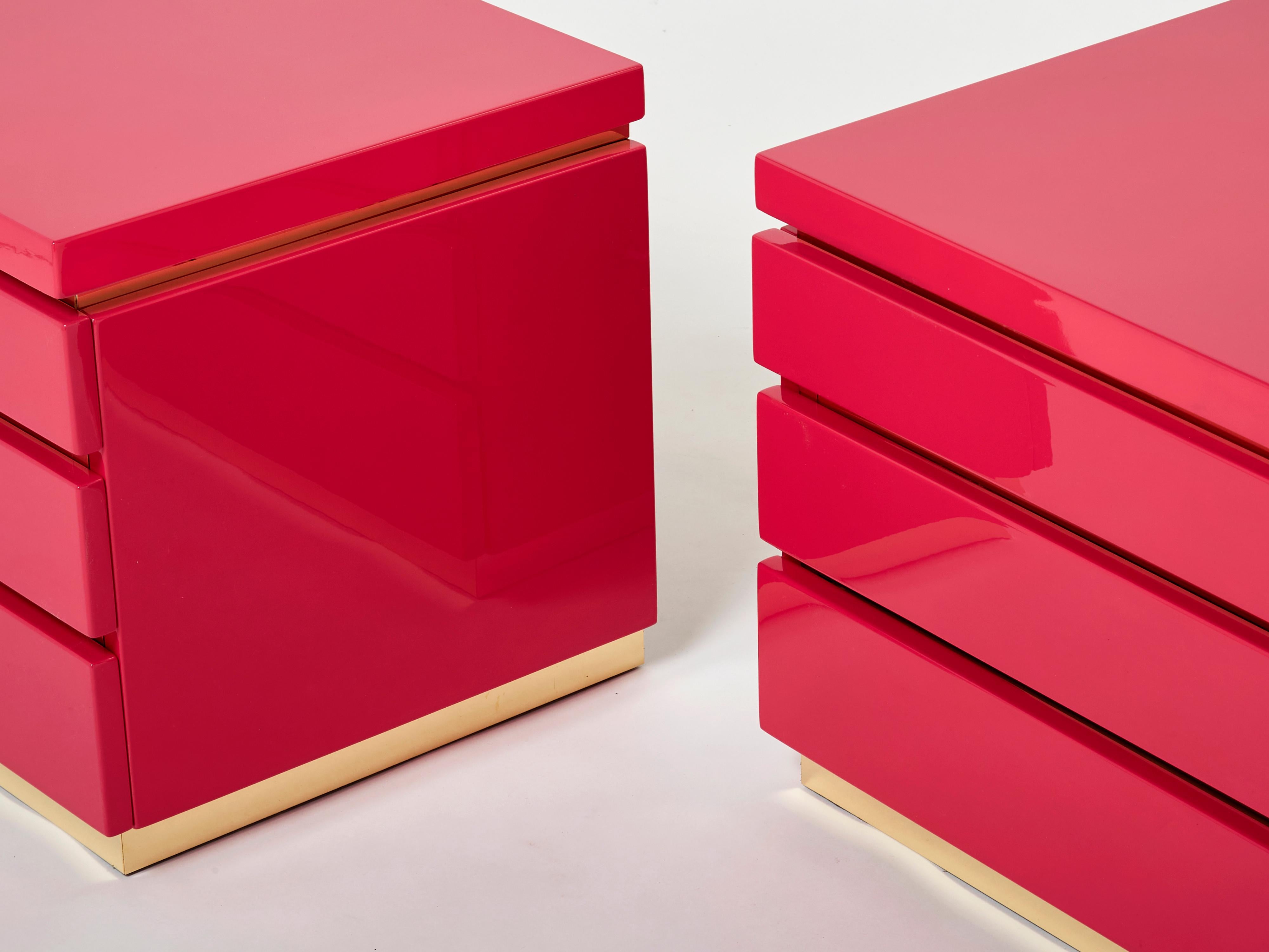 Pair of Jean-Claude Mahey Pink Lacquered Brass Nightstands, 1970s For Sale 1