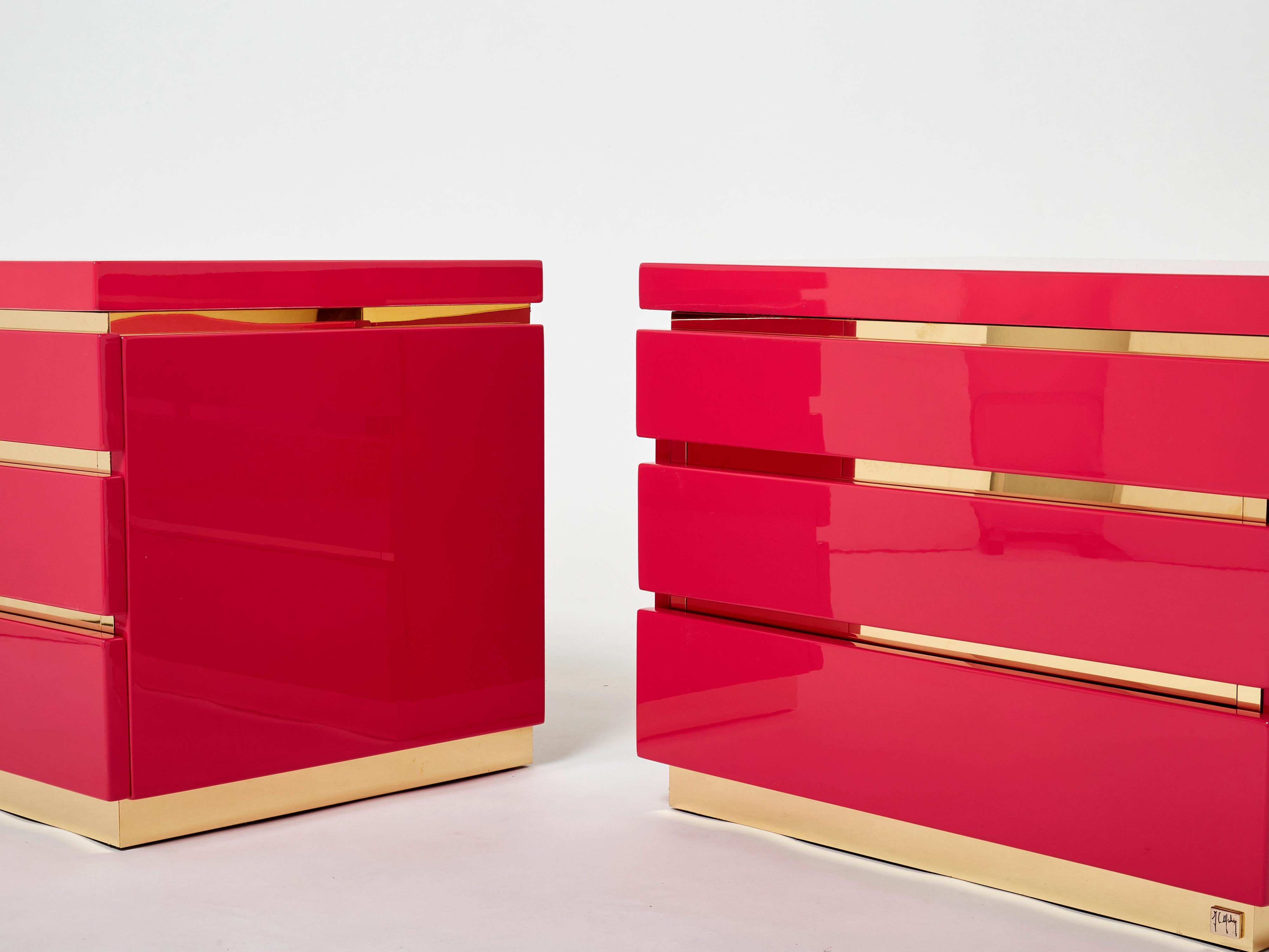 Pair of Jean-Claude Mahey Pink Lacquered Brass Nightstands, 1970s For Sale 2