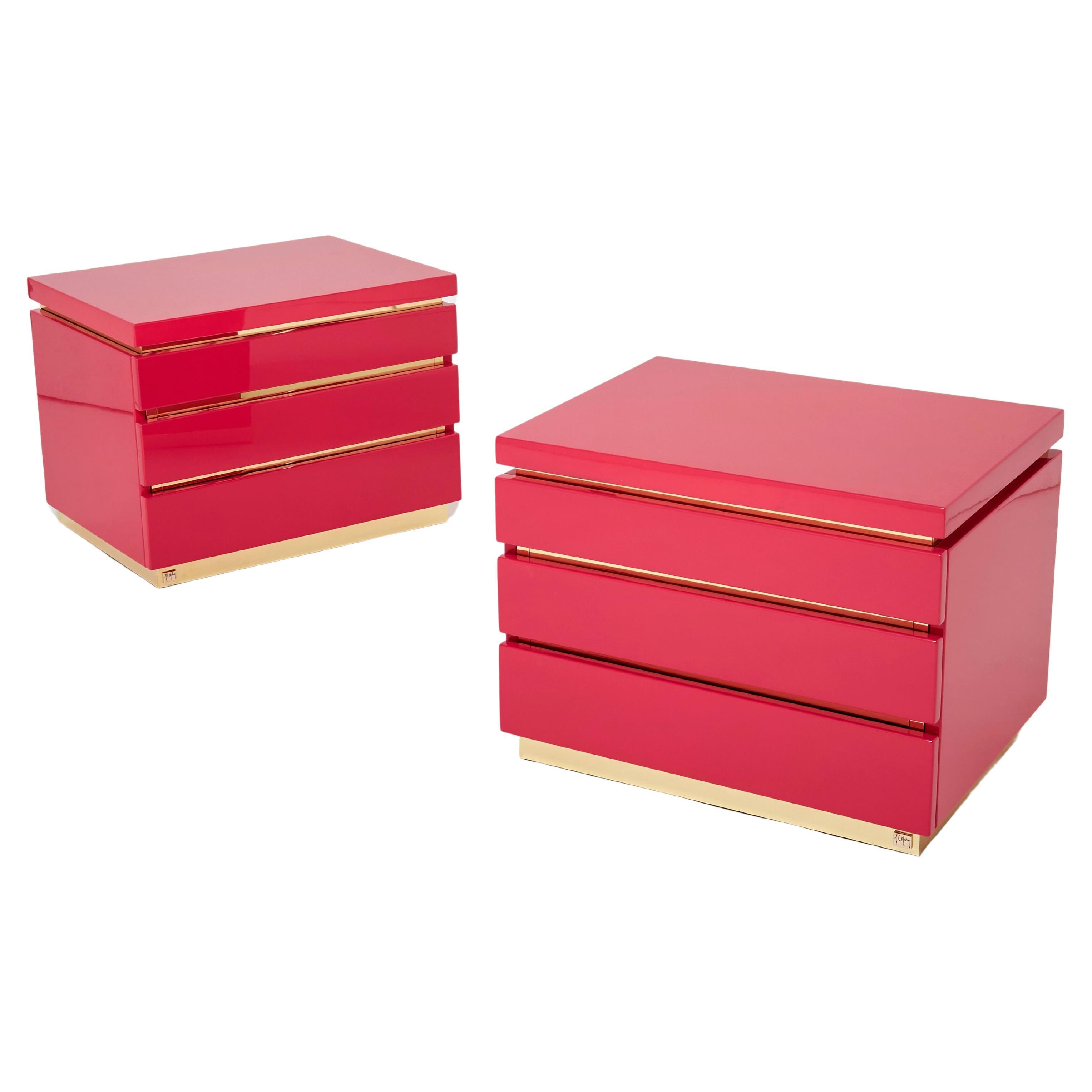 Pair of Jean-Claude Mahey Pink Lacquered Brass Nightstands, 1970s