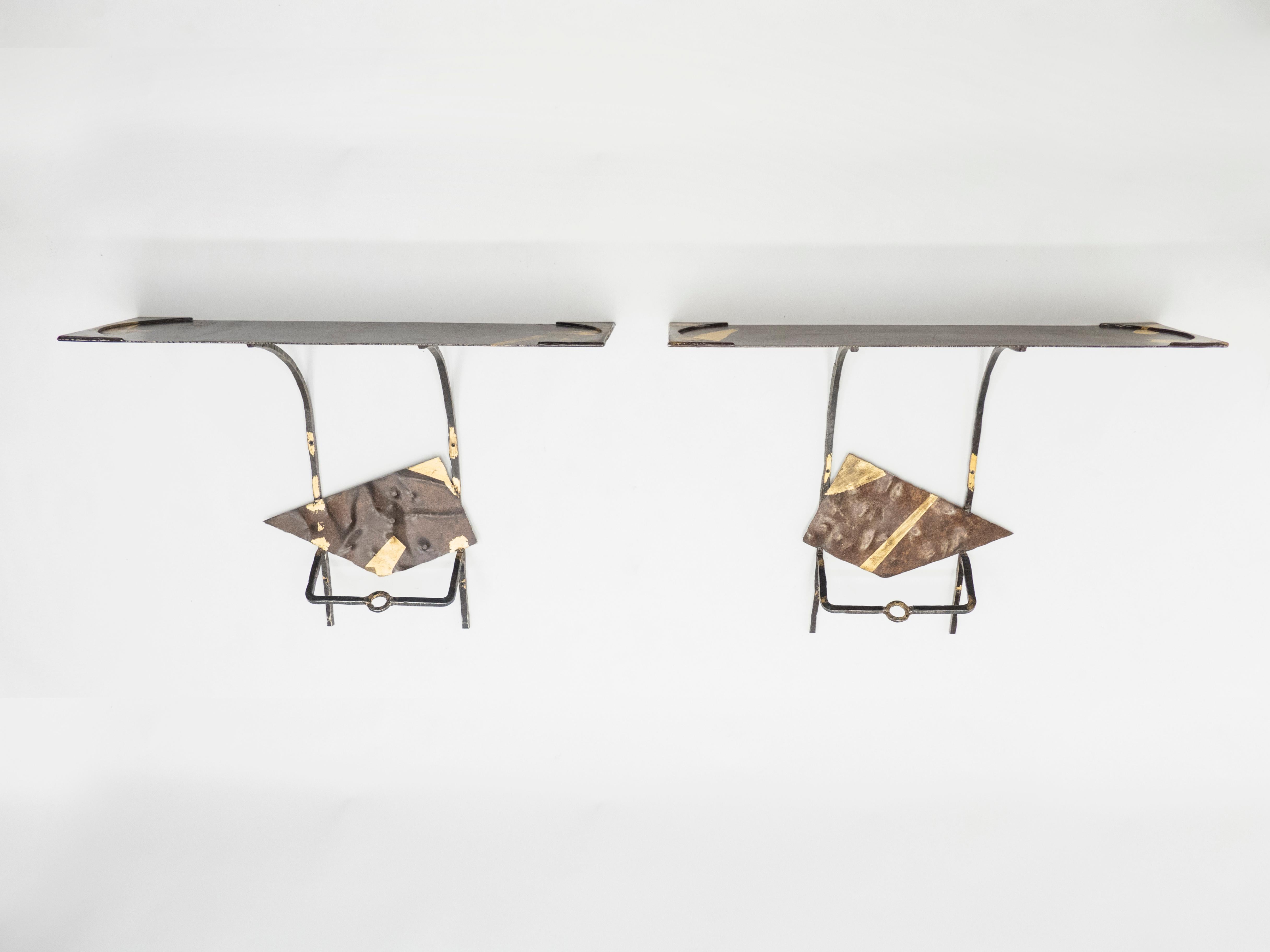 Mid-Century Modern Pair of Jean-Jacques Argueyrolles Console Tables Wrought Iron Gold Leaf, 1990 For Sale