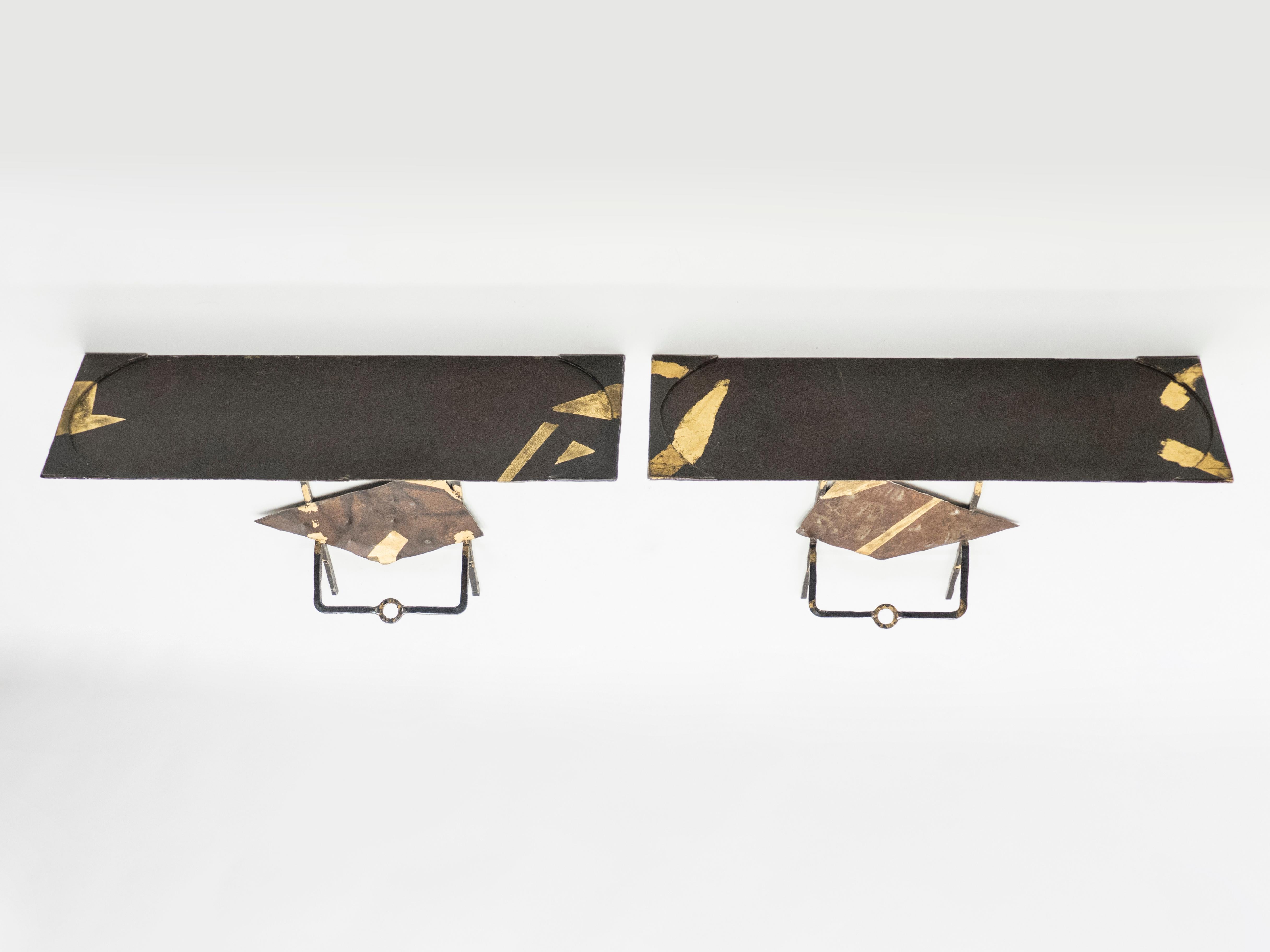 French Pair of Jean-Jacques Argueyrolles Console Tables Wrought Iron Gold Leaf, 1990