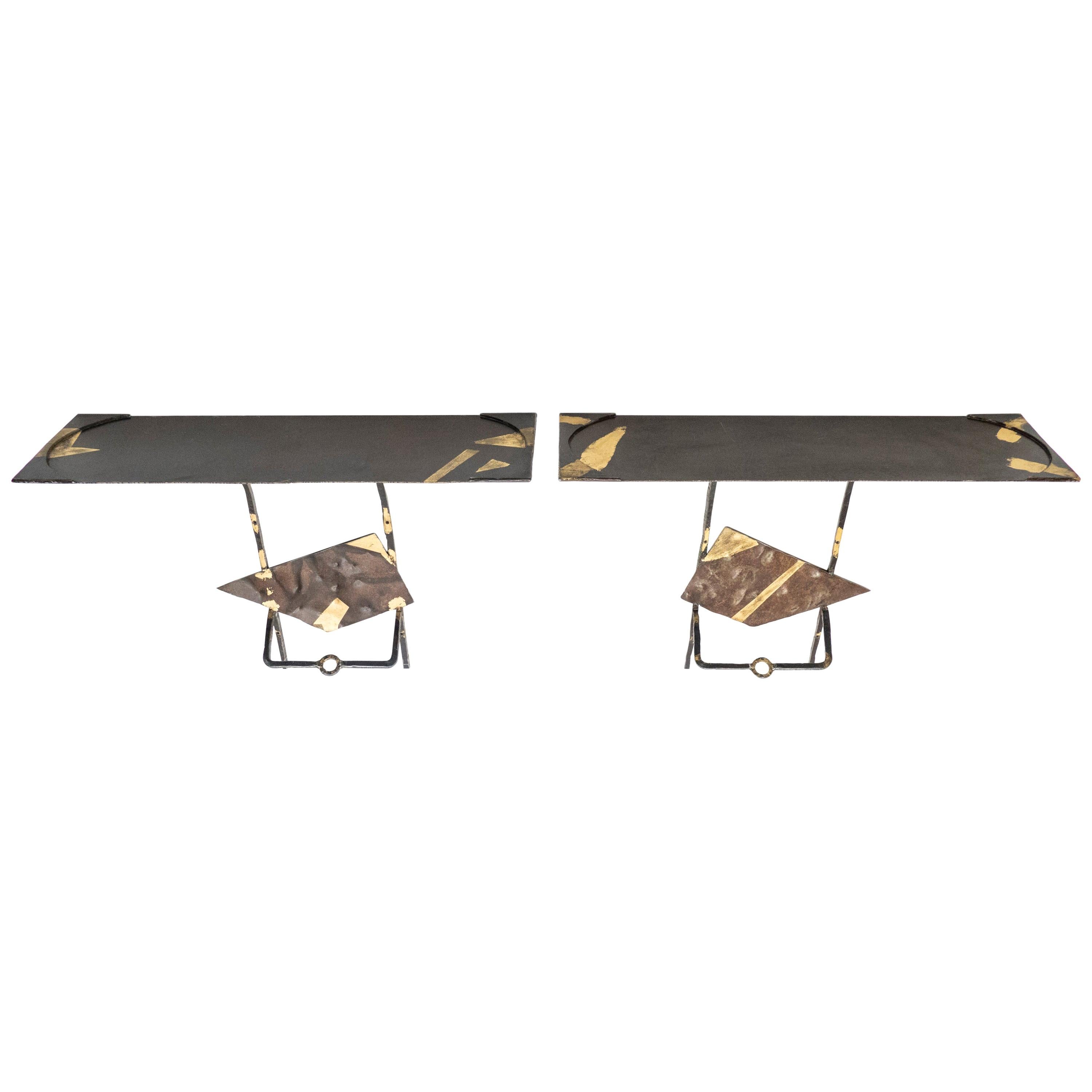 Pair of Jean-Jacques Argueyrolles Console Tables Wrought Iron Gold Leaf, 1990