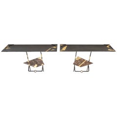 Vintage Pair of Jean-Jacques Argueyrolles Console Tables Wrought Iron Gold Leaf, 1990