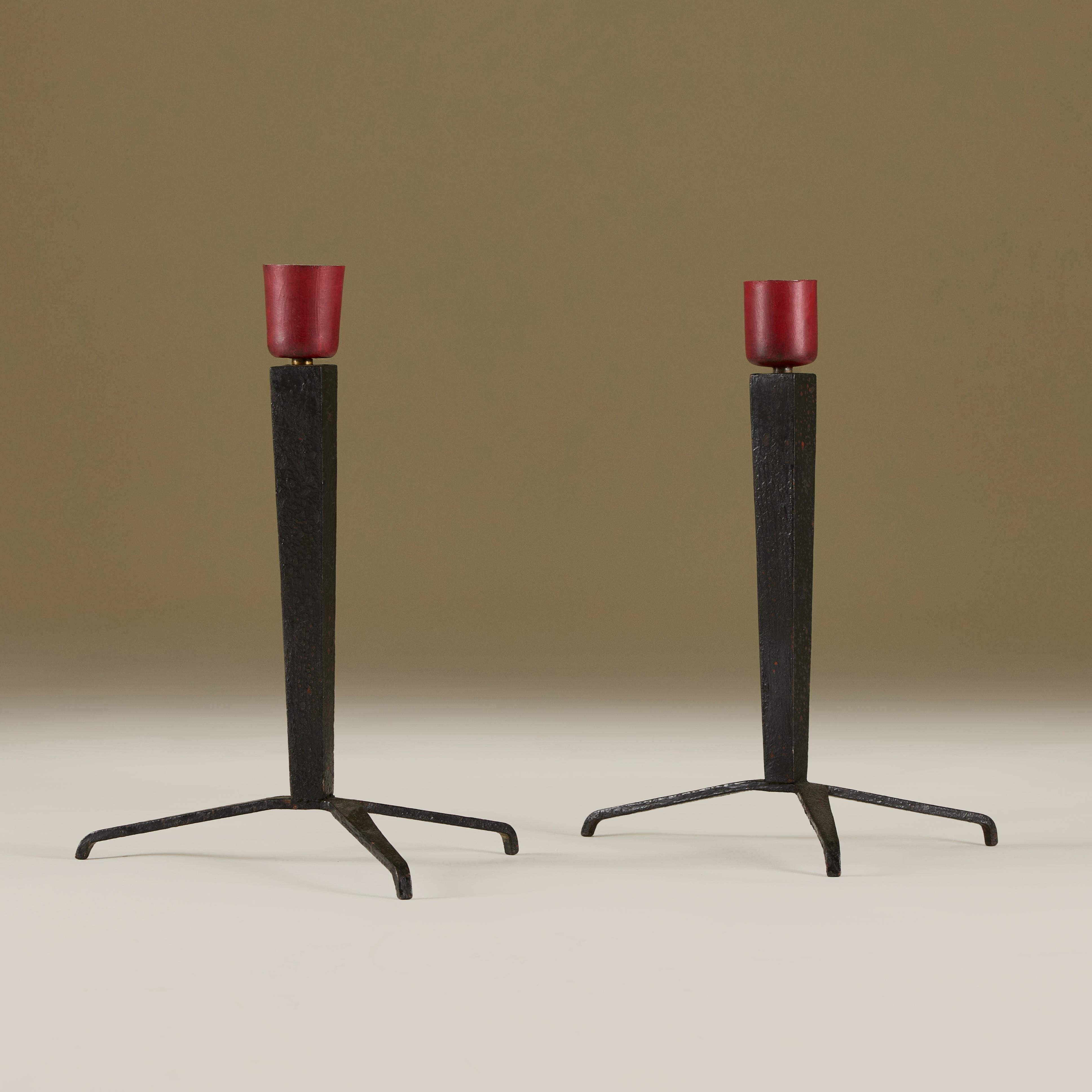 Rare pair of tripod lamps made for Alejandro Bustillo, the architect whom Jean-Michel Frank worked with to produce furniture for the famous Llao Llao Hotel in Patagonia, Argentina during the 1930s.

These exceptional table lamps demonstrate