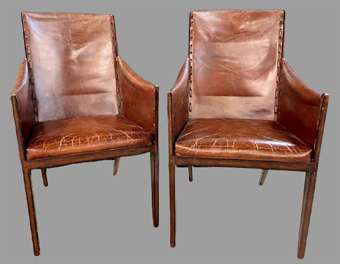 Pair Mid-Century Modern Jean-Michel Frank Style Arm Chairs, Distressed Leather  

Pair of Jean Michel Frank style arm chairs. Weathered heavy gauge distressed leather wrapped on patinated iron frames. Strong and sturdy with high backs. Great for the