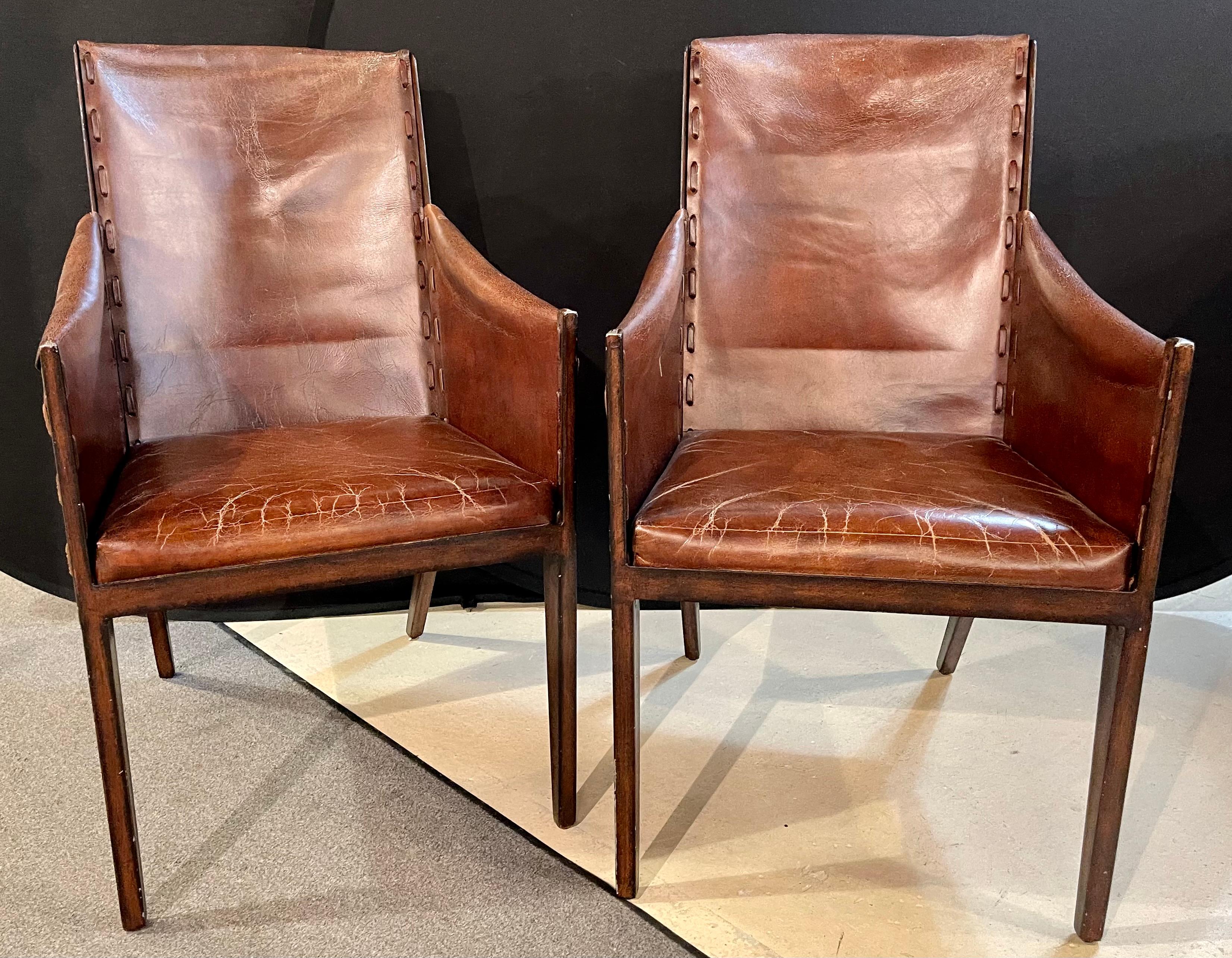 Pair Mid-Century Modern Jean-Michel Frank Style Arm Chairs, Distressed Leather   In Good Condition In Stamford, CT