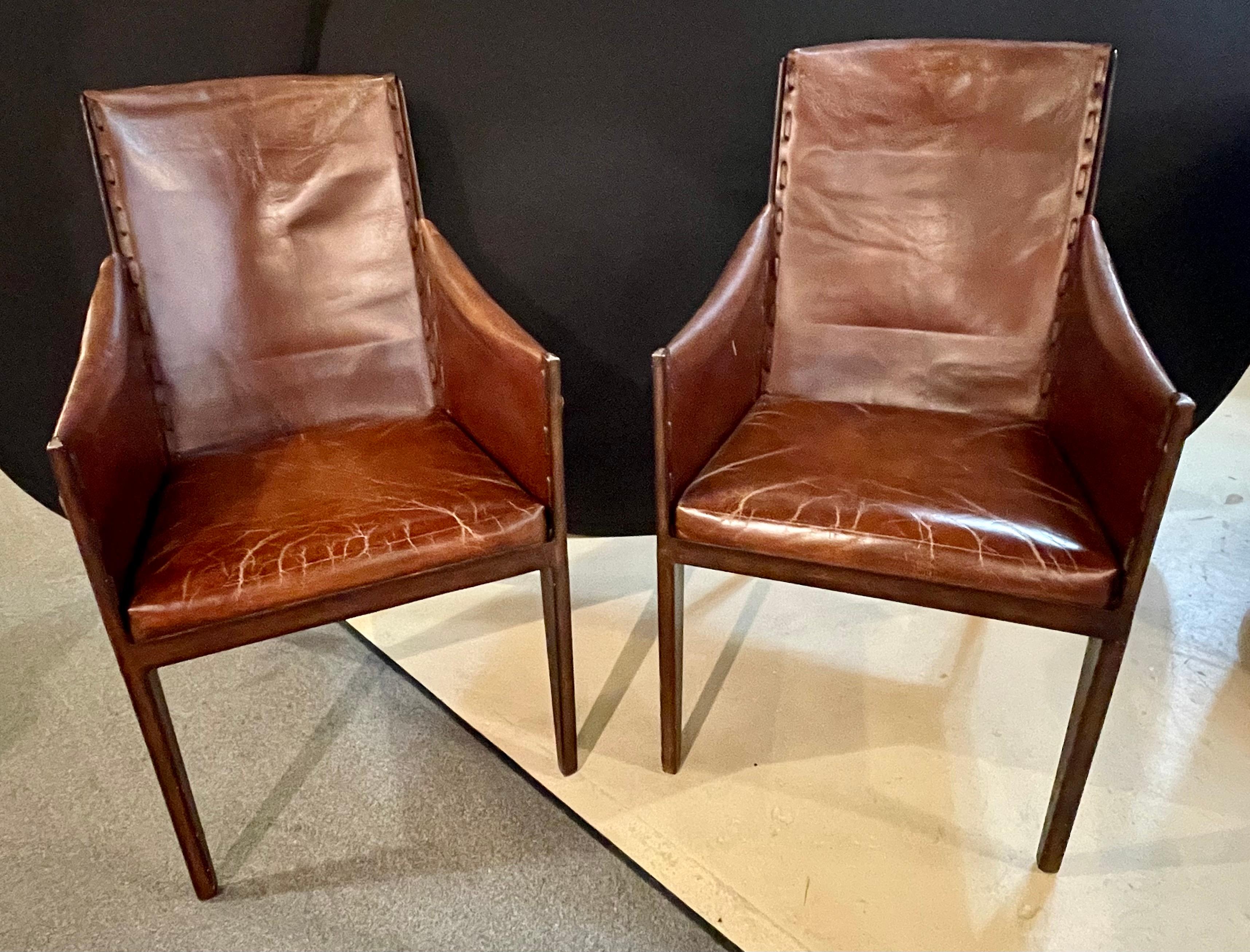 Metal Pair Mid-Century Modern Jean-Michel Frank Style Arm Chairs, Distressed Leather  