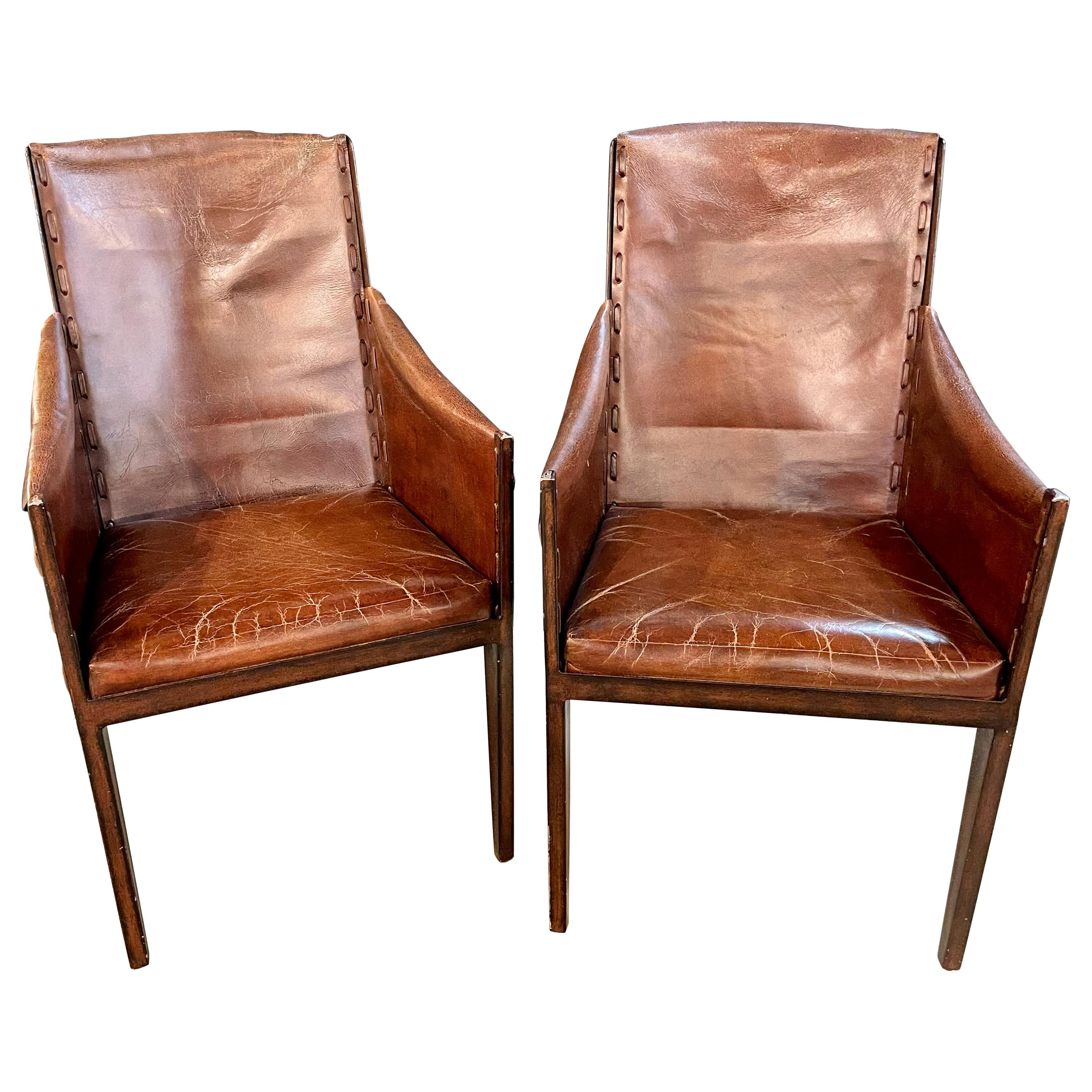 Pair of Jean Michel Frank Style Arm Chairs, Leather and Metal