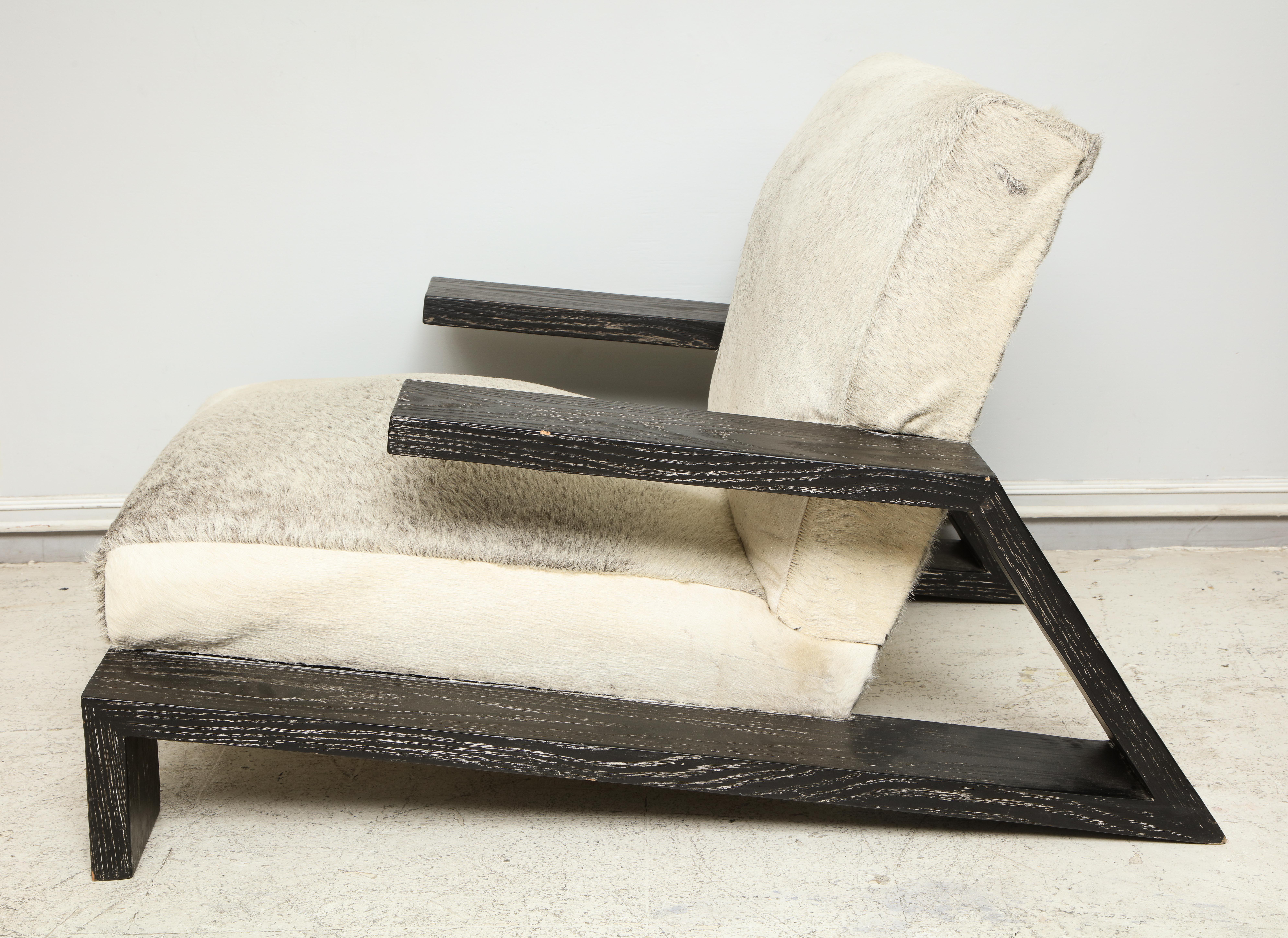 20th Century Pair of Jean-Michel Frank Style Cerused Oak Lounge Chairs Upholstered in Cowhide
