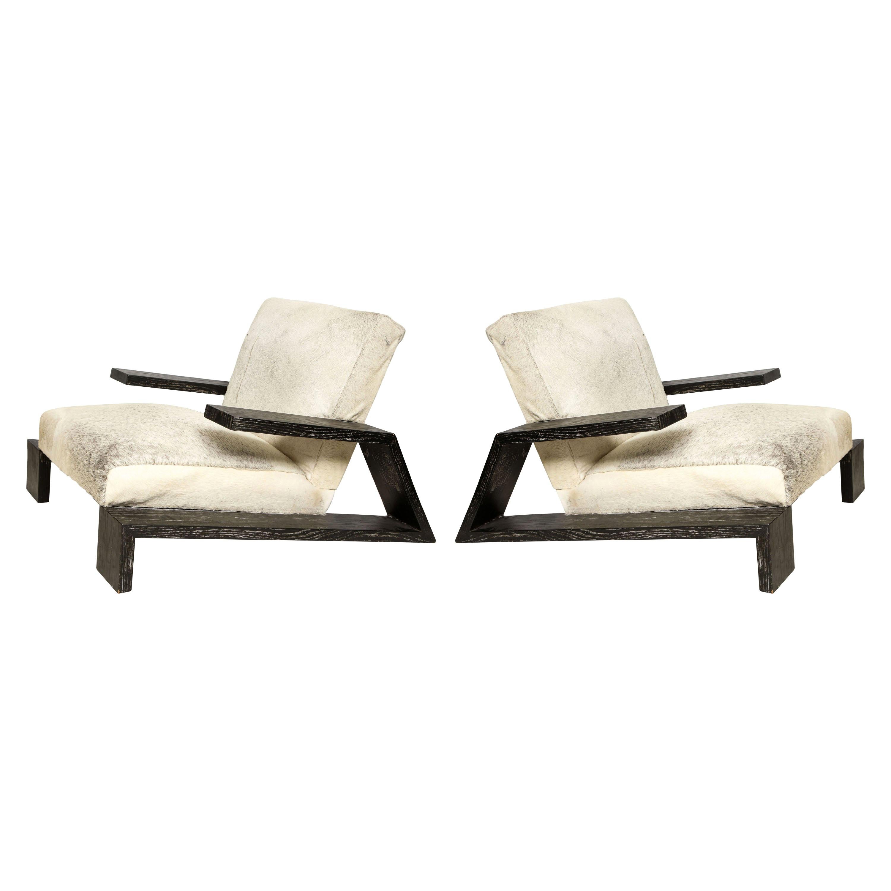Pair of Jean-Michel Frank Style Cerused Oak Lounge Chairs Upholstered in Cowhide
