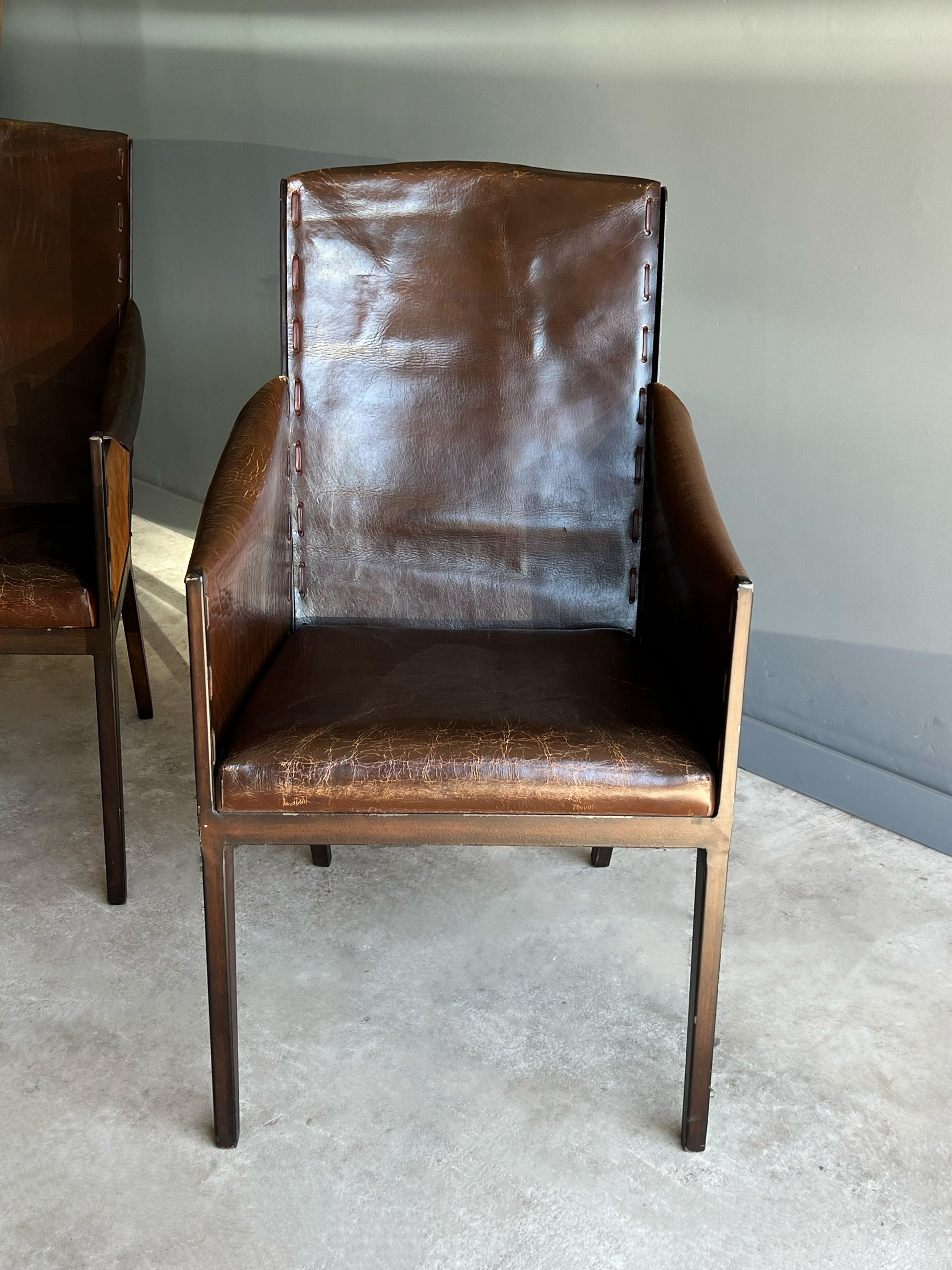 Pair of Jean Michel Frank Style Leather and Metal Arm Chairs 3