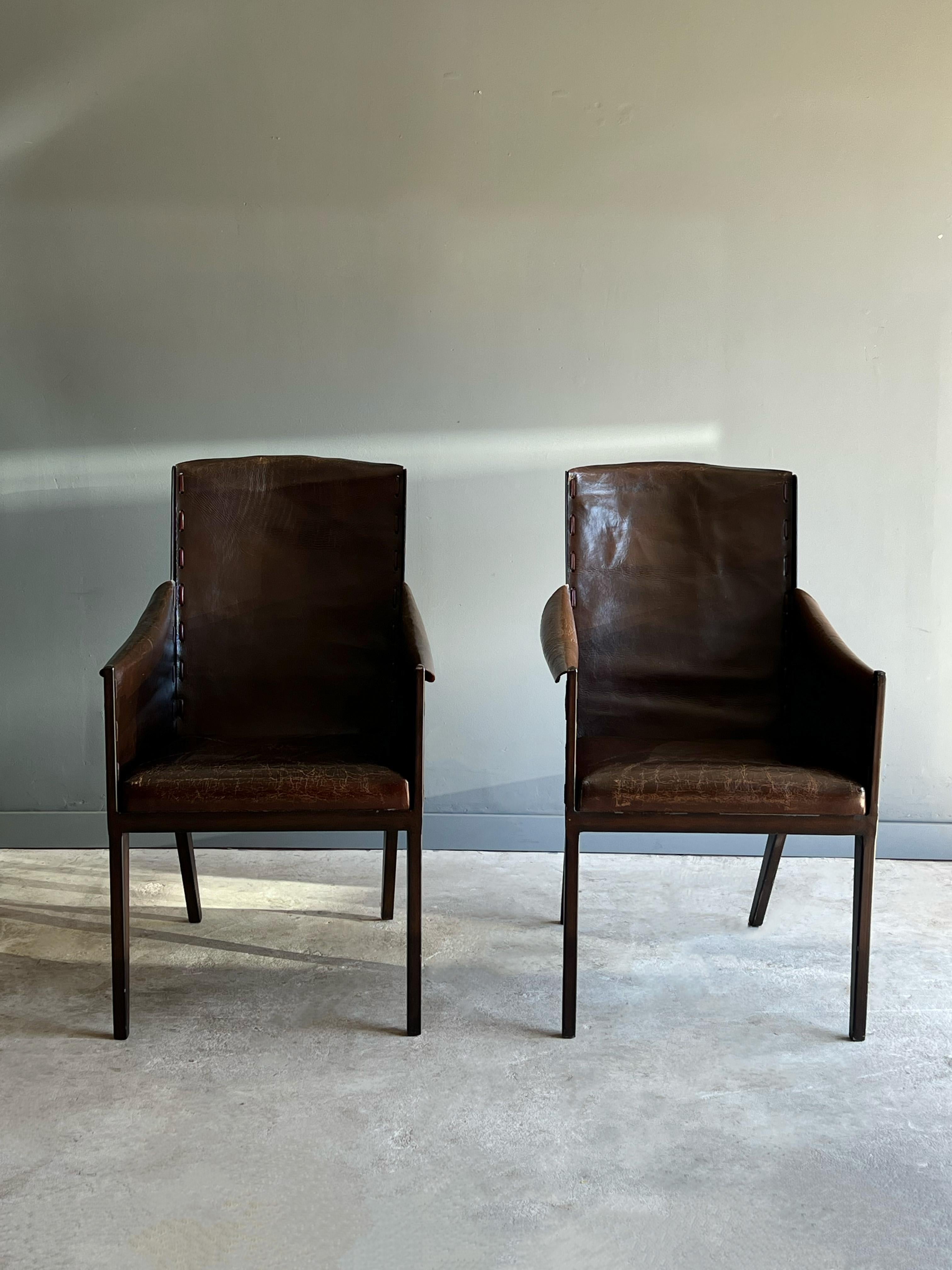 Pair of Jean Michel Frank Style Leather and Metal Arm Chairs 4