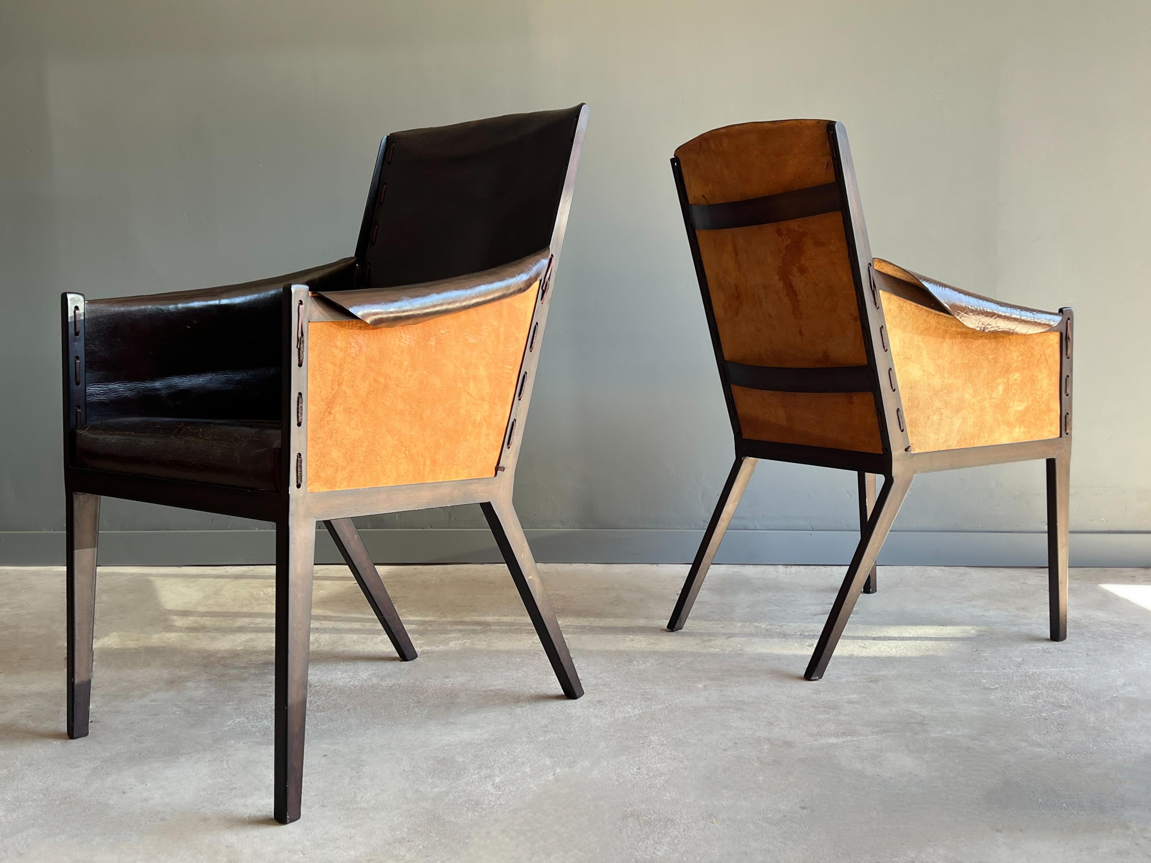 Mid-Century Modern Pair of Jean Michel Frank Style Leather and Metal Arm Chairs