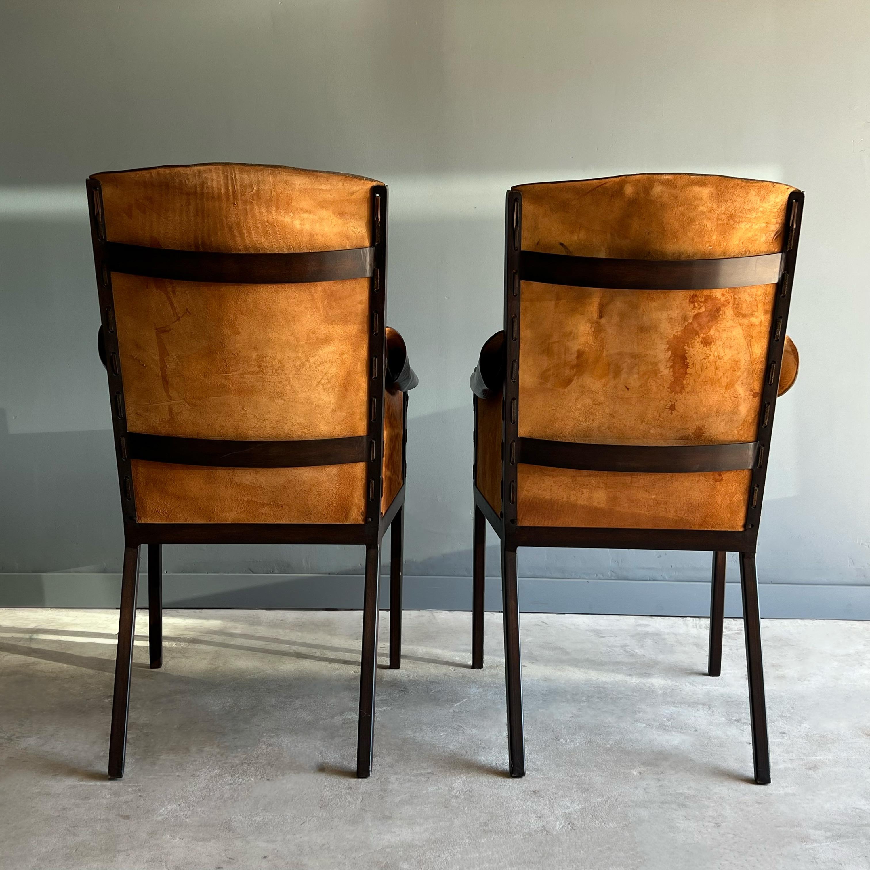 French Pair of Jean Michel Frank Style Leather and Metal Arm Chairs