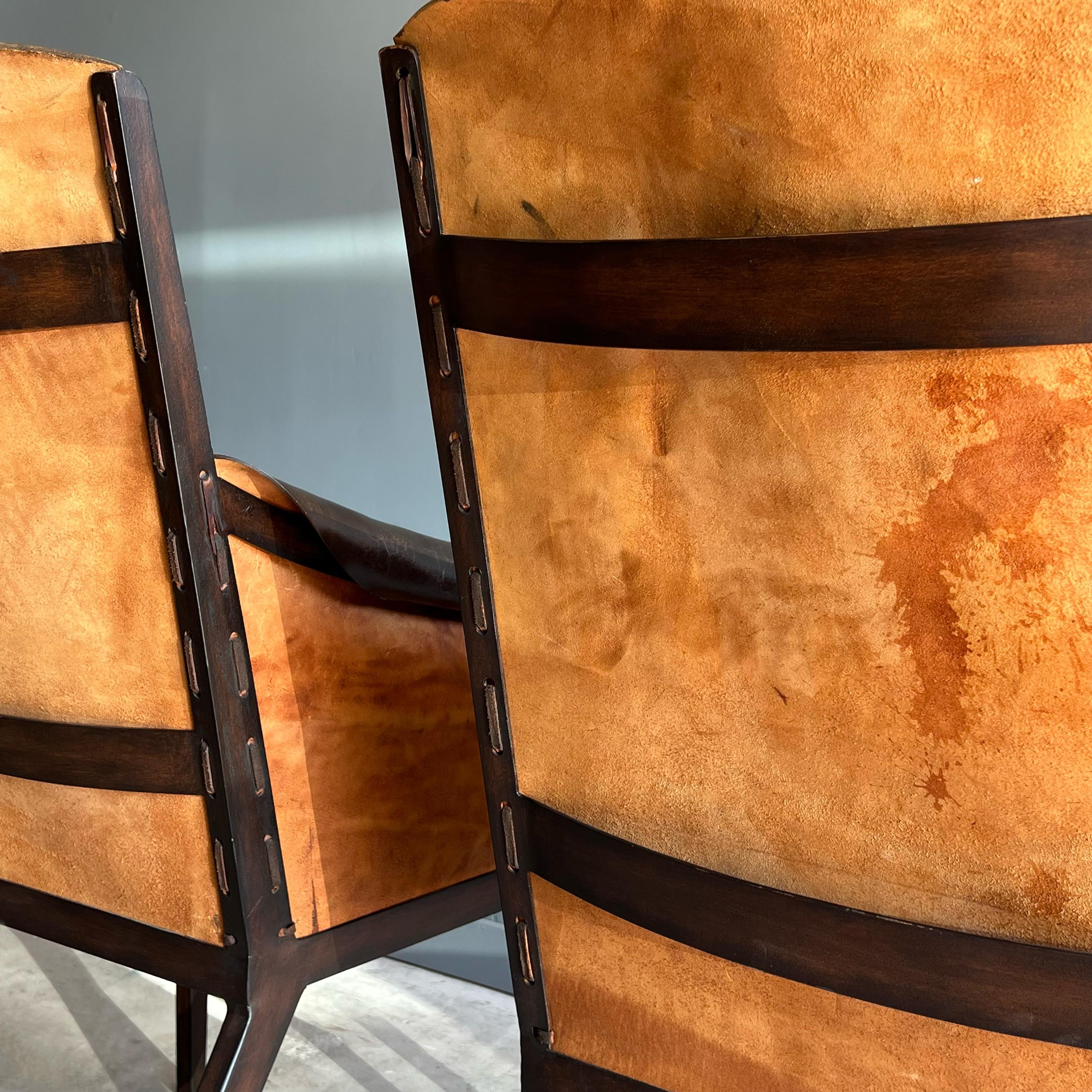 Pair of Jean Michel Frank Style Leather and Metal Arm Chairs In Good Condition In Round Rock, TX