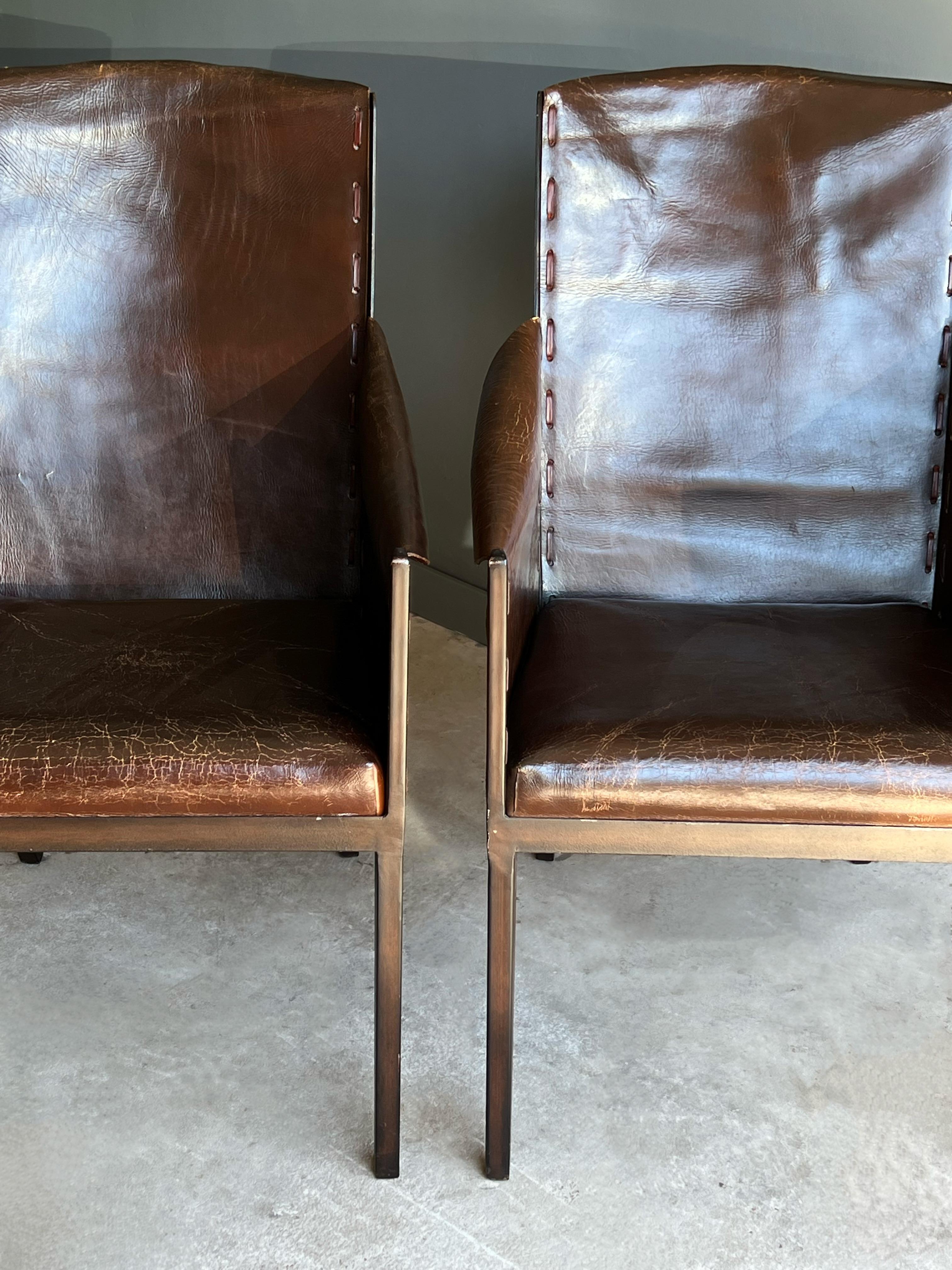 Late 20th Century Pair of Jean Michel Frank Style Leather and Metal Arm Chairs