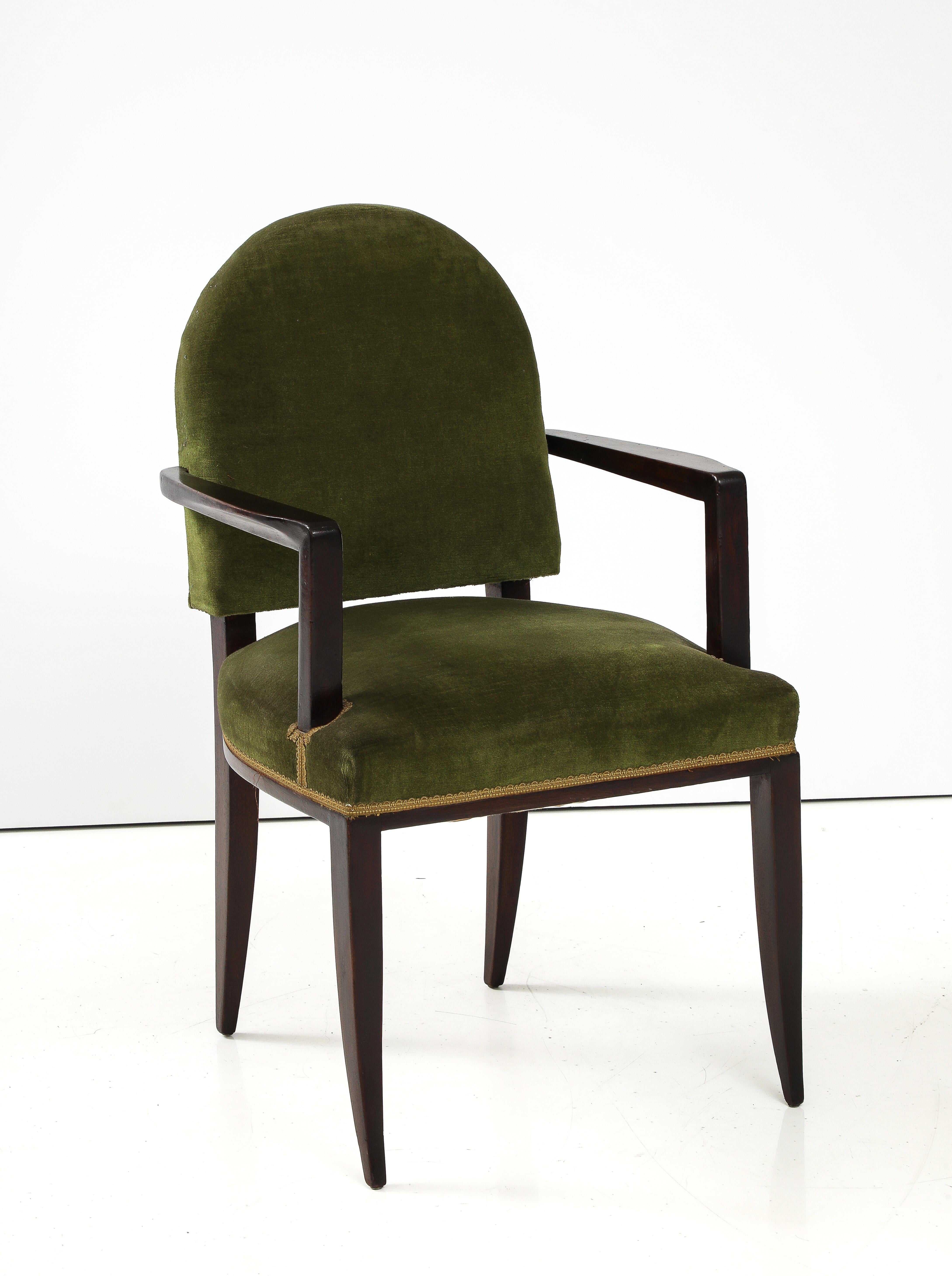 Paar Jean Pascaud-Stühle aus ebonisiertem Mahagoni und Samt mit runder Rückenlehne, Frankreich, 1940 im Angebot 11