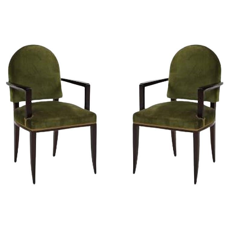 Paar Jean Pascaud-Stühle aus ebonisiertem Mahagoni und Samt mit runder Rückenlehne, Frankreich, 1940