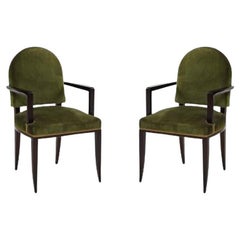 Vintage Pair of Jean Pascaud Ebonized Mahogany & Velvet Round Back Chairs, France, 1940