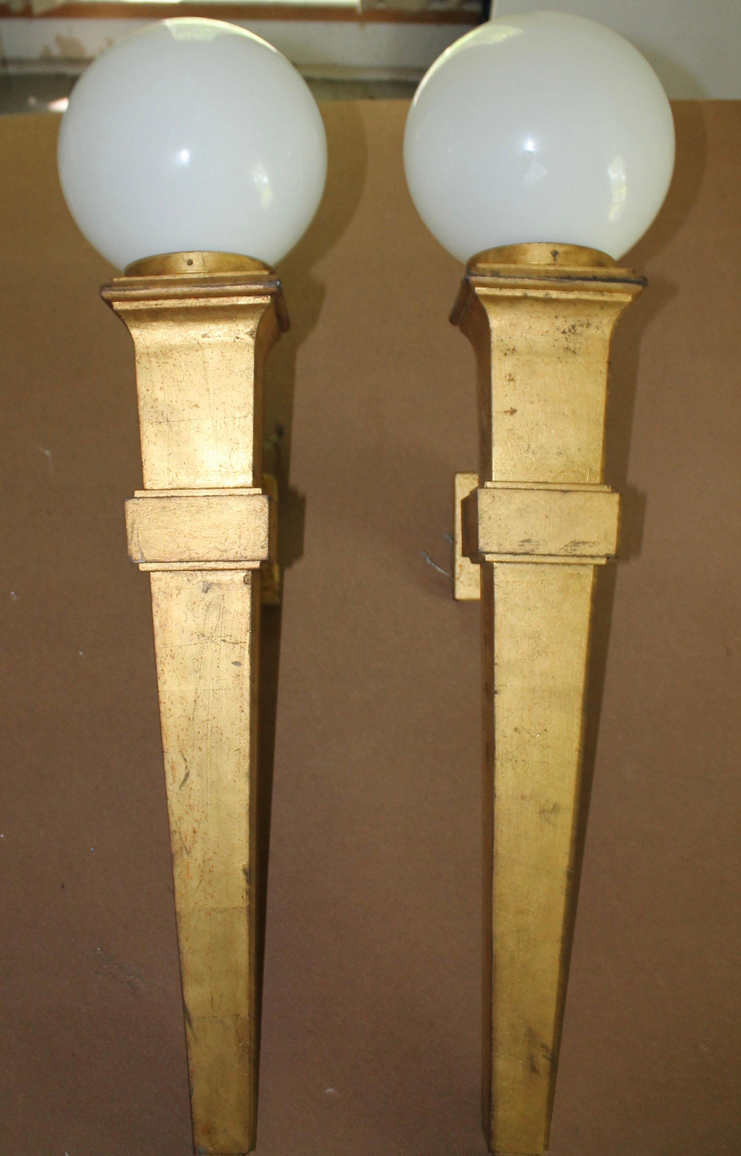 Plated Pair of Jean Perzel Attributed 1940s Gilt Iron Wall Sconces For Sale