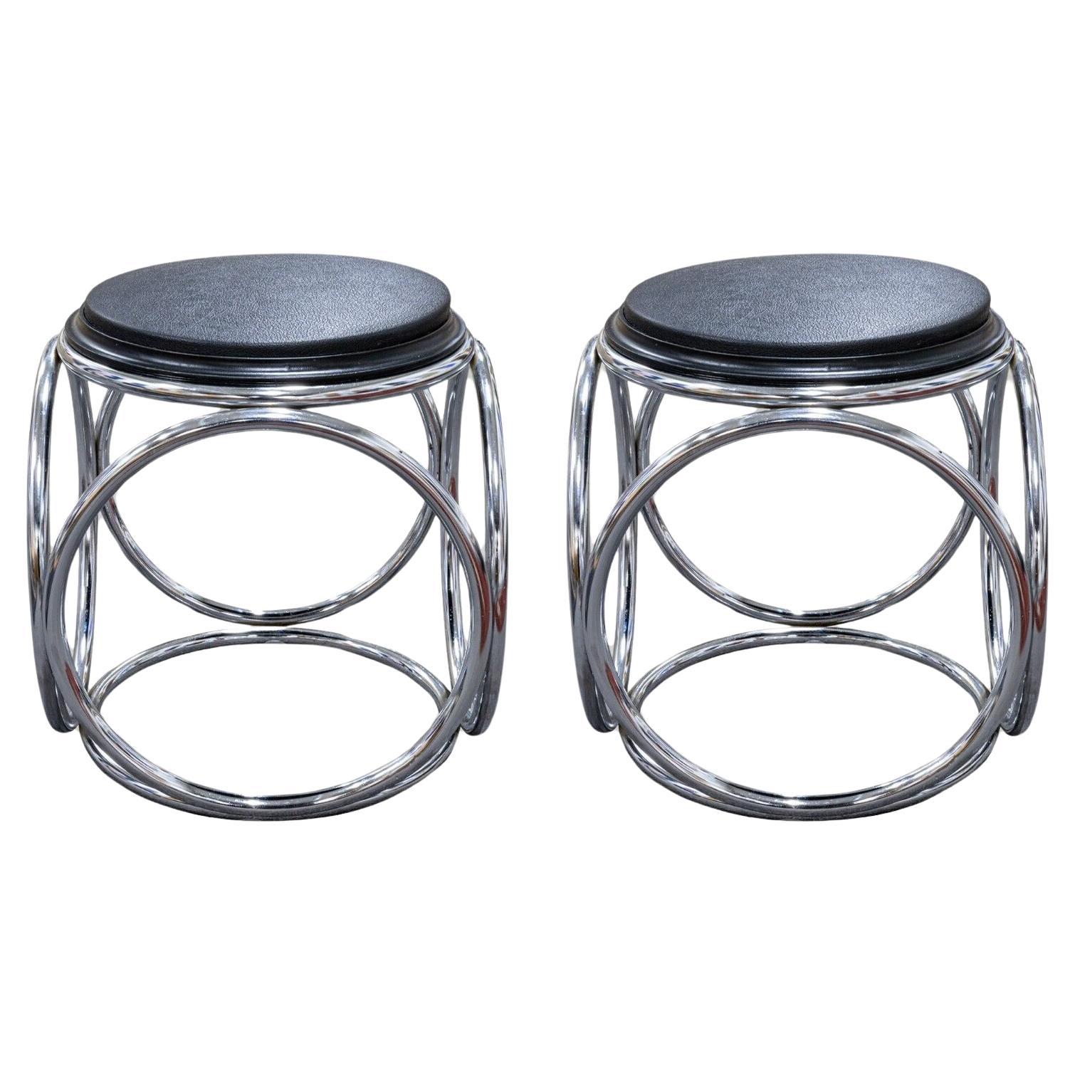Pair of Jean Pierre Laporte French Art Deco Chrome Black Stool End Side Tables