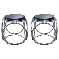 Pair of Jean Pierre Laporte French Art Deco Chrome Black Stool End Side Tables