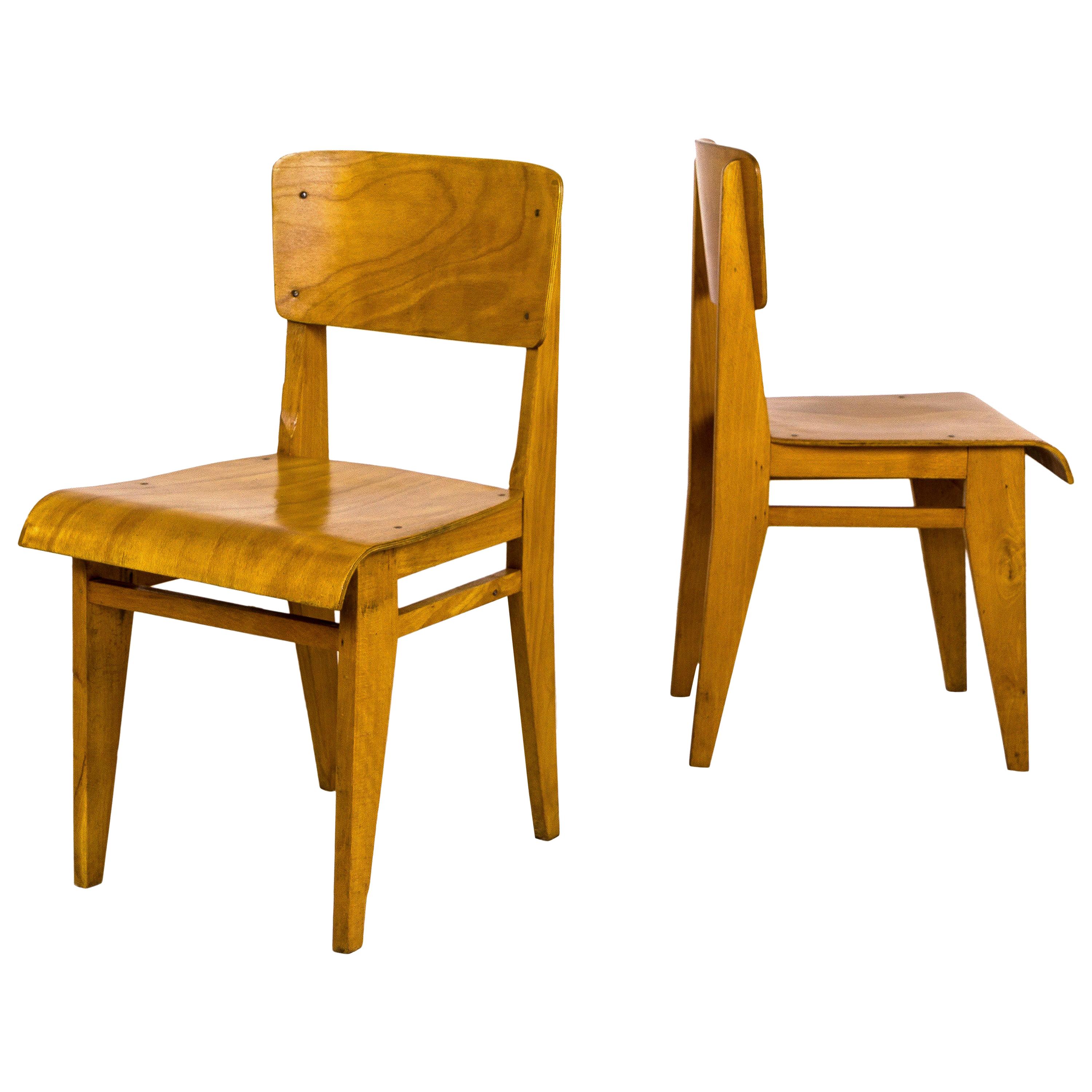Pair of Jean Prouvé "Chaise En Bois" Chairs, circa 1940, France