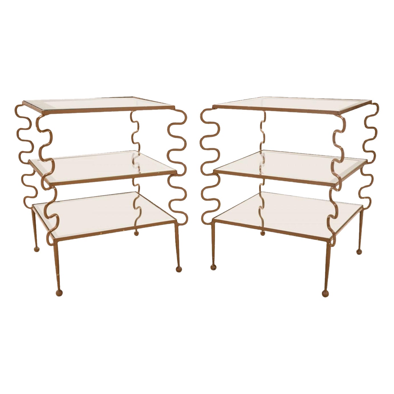 Pair of Jean Royere Mid-Century 
Ondulation
 Metal 
Glass End / Side Tables For Sale