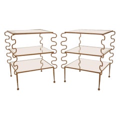 Pair of Jean Royere Mid-Century 
Ondulation
 Metal 
Glass End / Side Tables