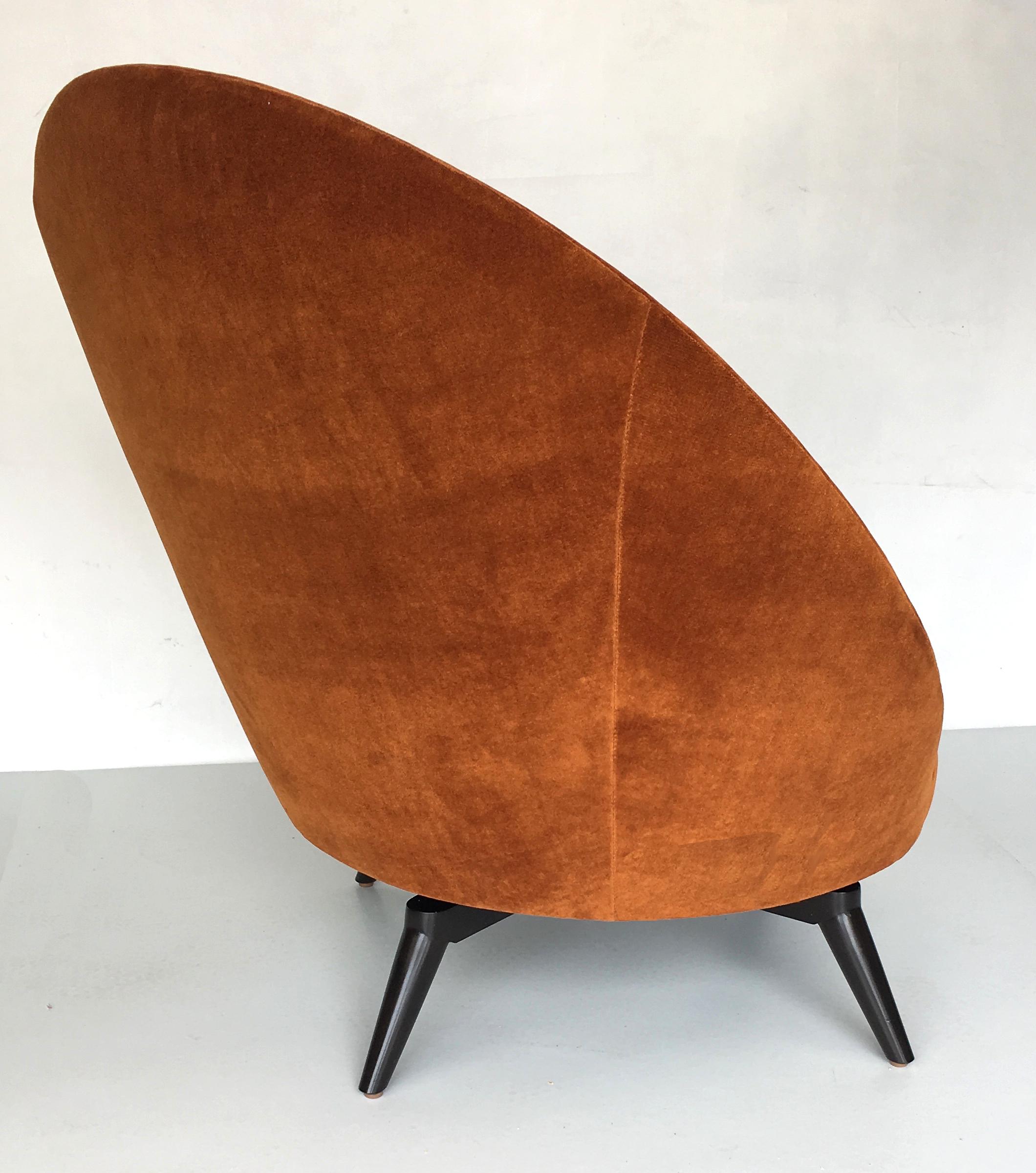 Mid-Century Modern Pair of Burnt Orange Velvet Swivel Chairs