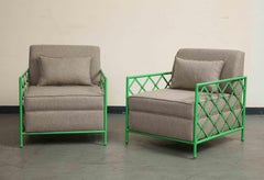 Pair of Midcentury French Style Bright Green Enameled Iron Cube Lounge Chairs