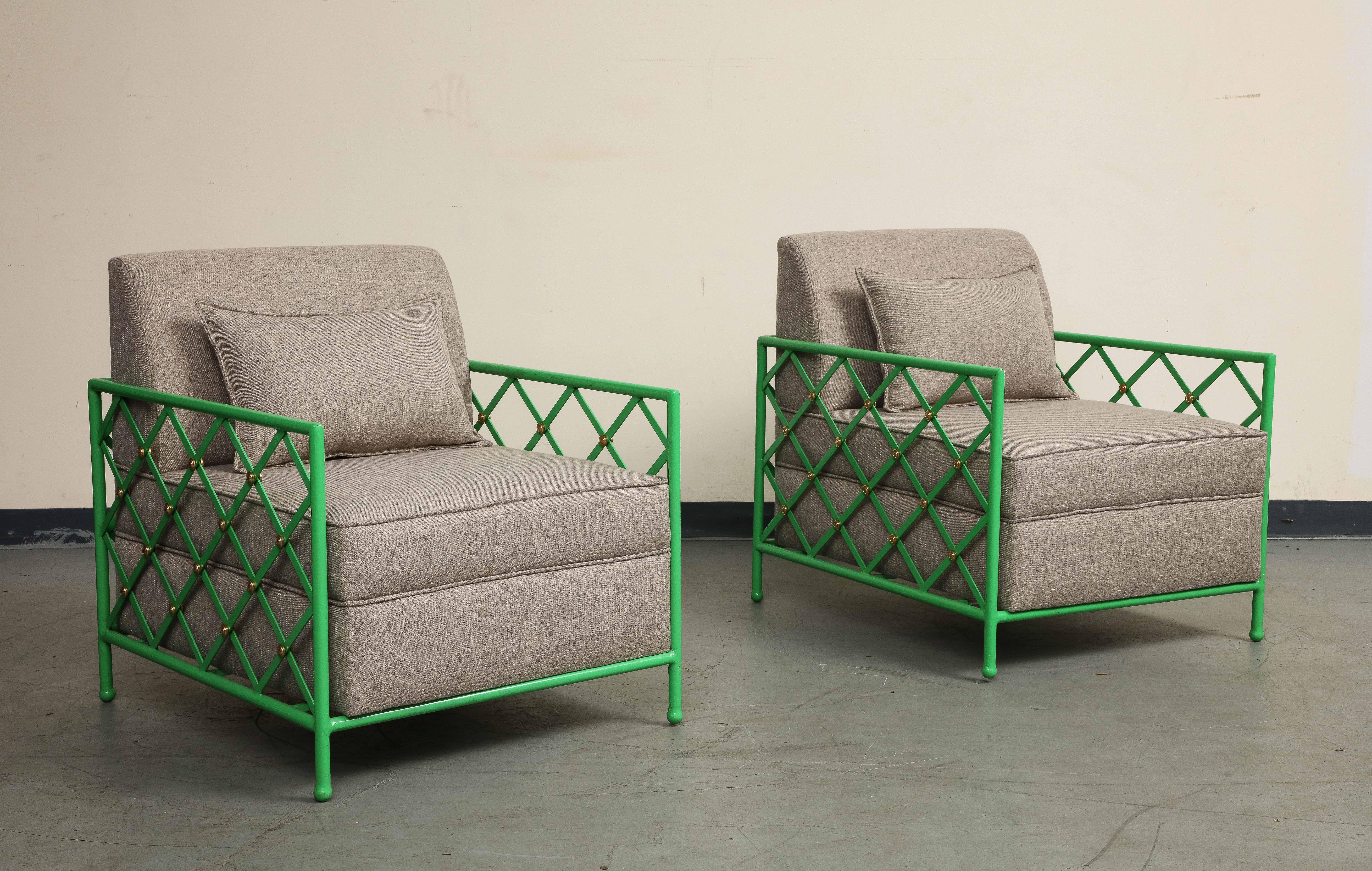 Mid-Century Modern Pair of Midcentury French Style Bright Green Enameled Iron Cube Lounge Chairs For Sale