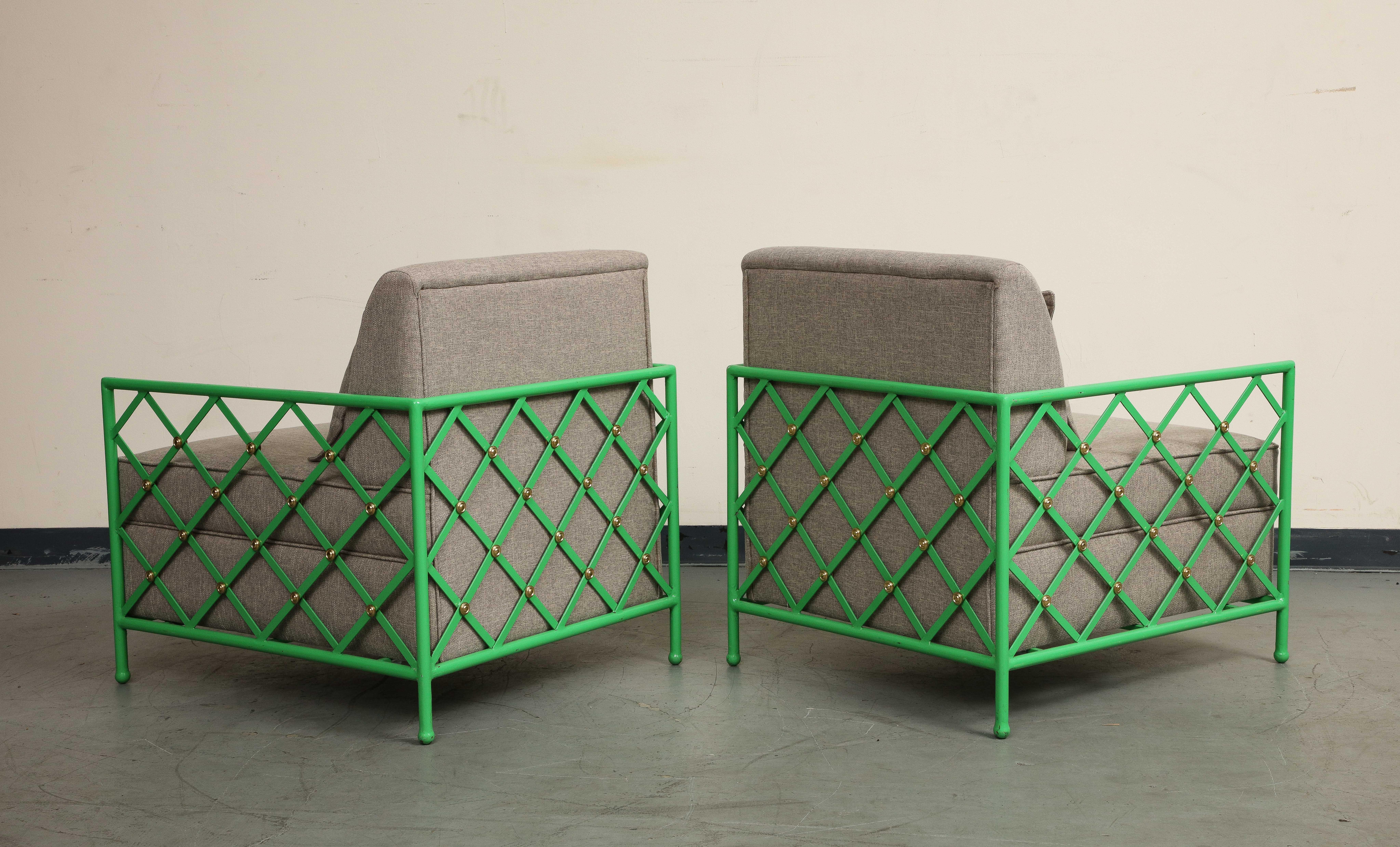 Upholstery Pair of Midcentury French Style Bright Green Enameled Iron Cube Lounge Chairs For Sale
