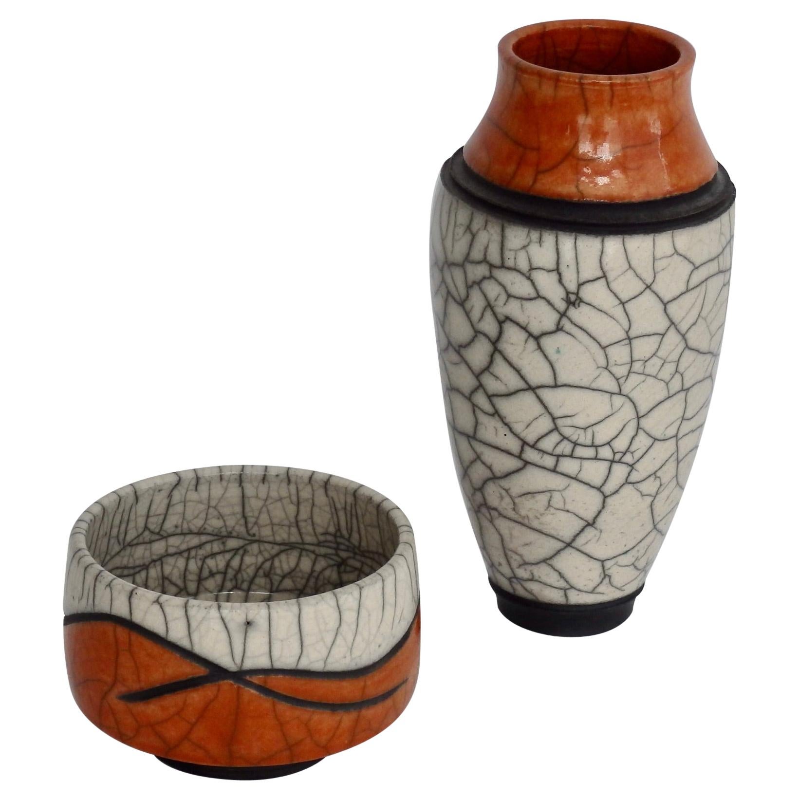 Pair of Jeff Hale Studio Crackle Glaze Raku Stoneware Vessels