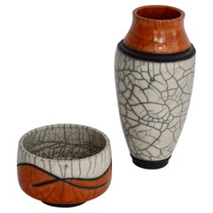 Pair of Jeff Hale Studio Crackle Glaze Raku Stoneware Vessels