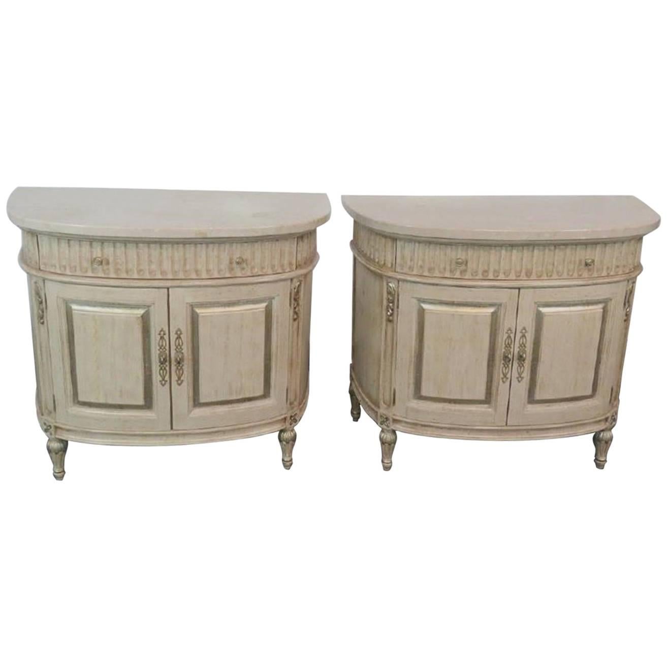 Pair of Jeffco Distressed Painted Marble Top Commodes