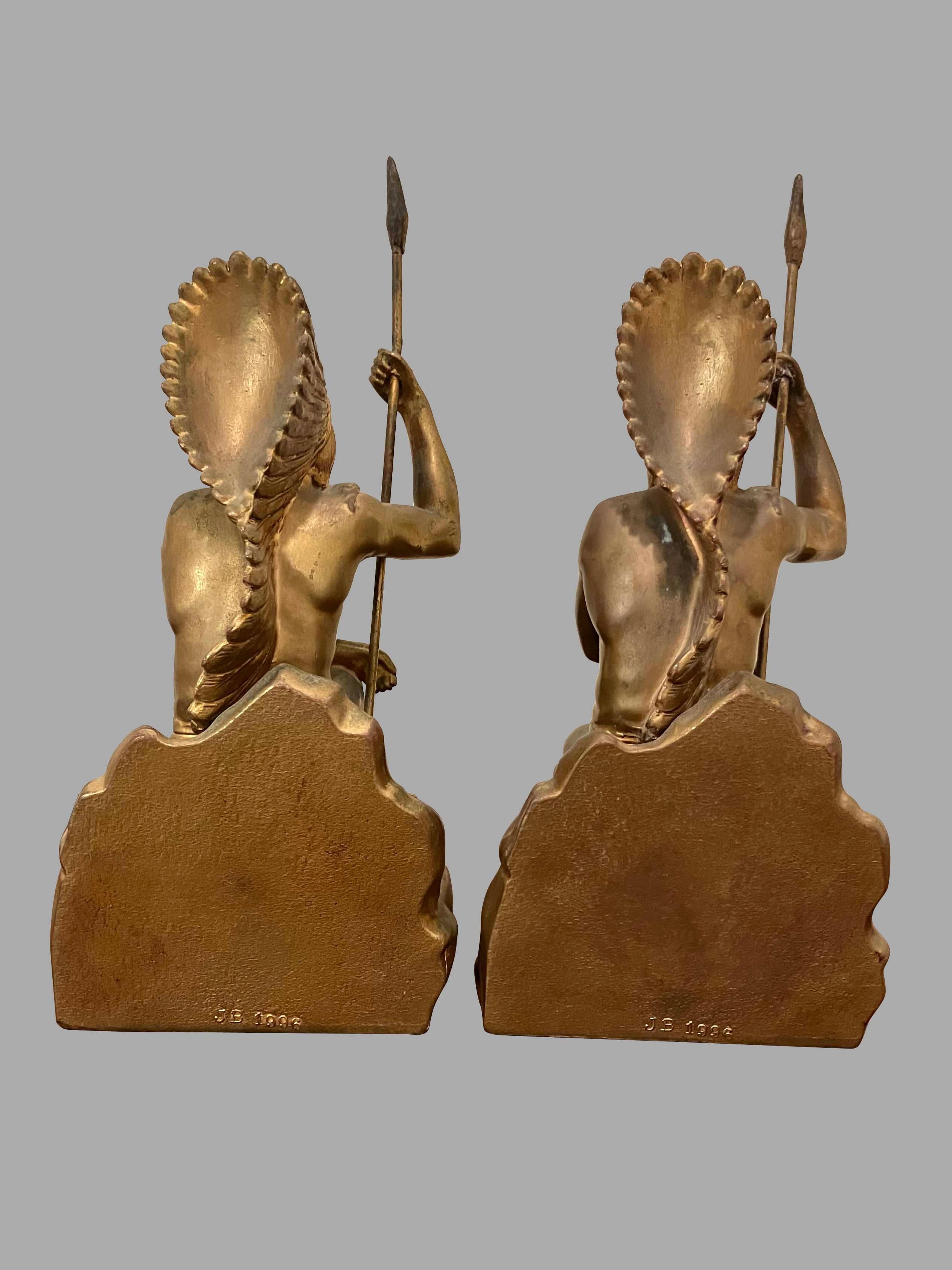 20th Century Pair of Jennings Bros. Native American Bookends in Yellow Metal For Sale
