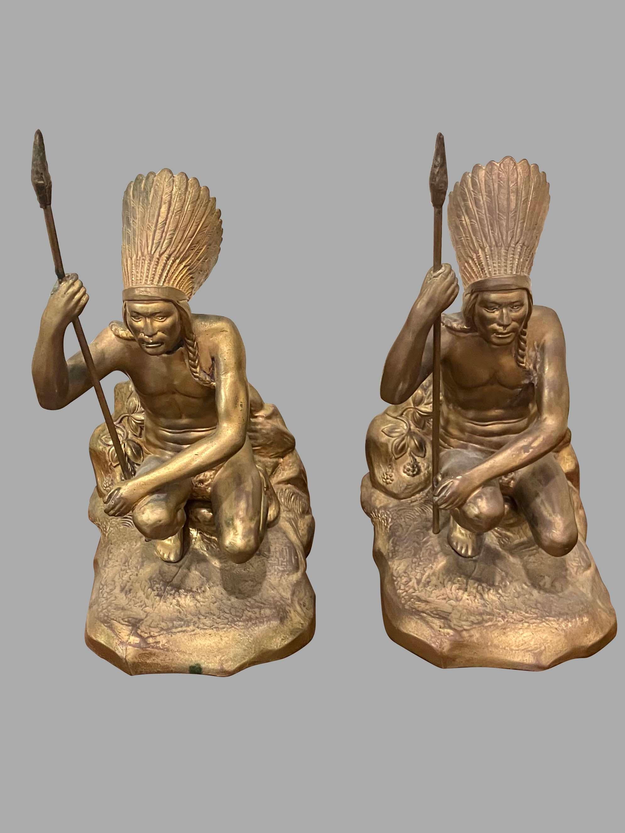 Brass Pair of Jennings Bros. Native American Bookends in Yellow Metal For Sale