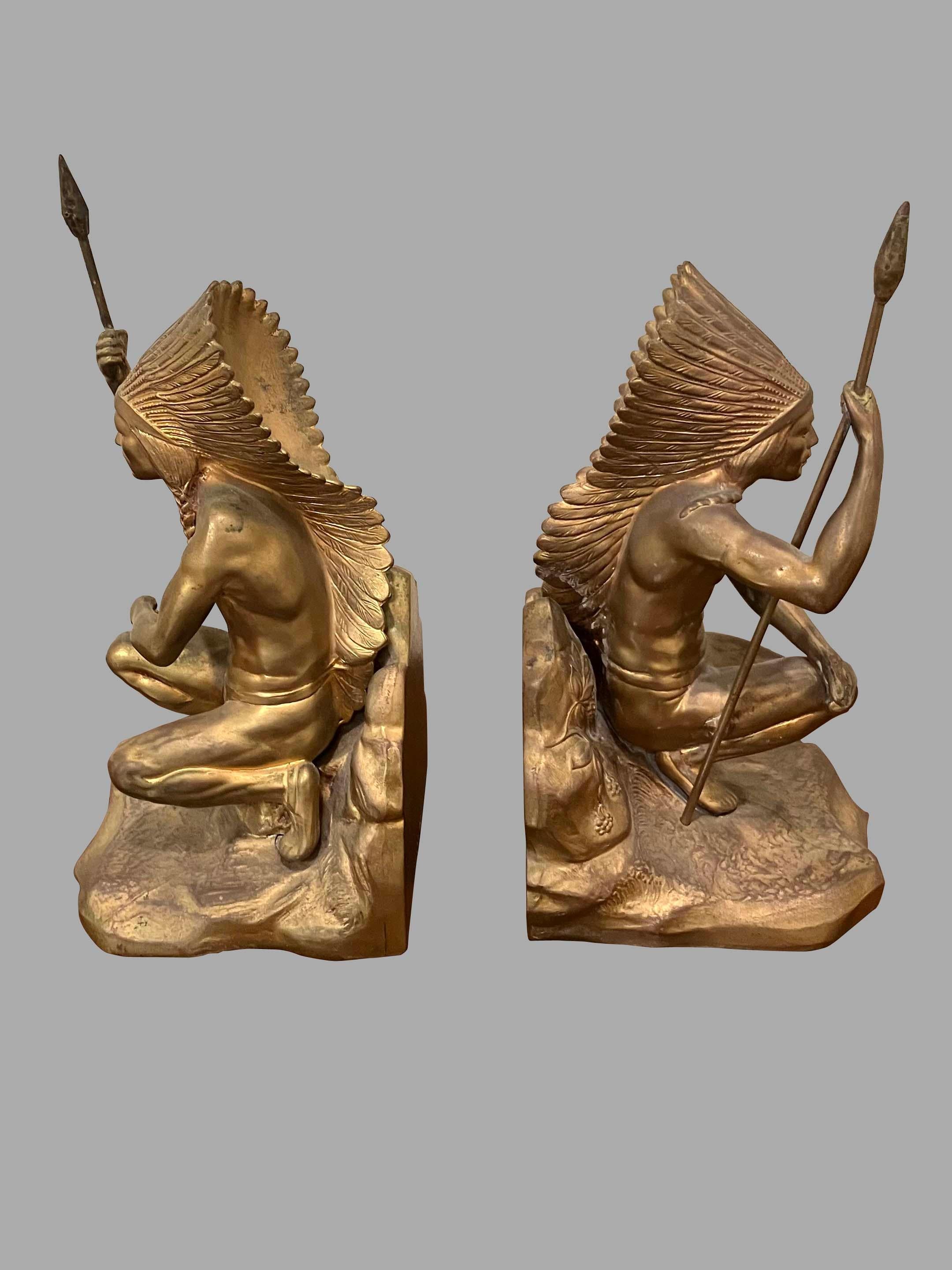 Pair of Jennings Bros. Native American Bookends in Yellow Metal For Sale 2
