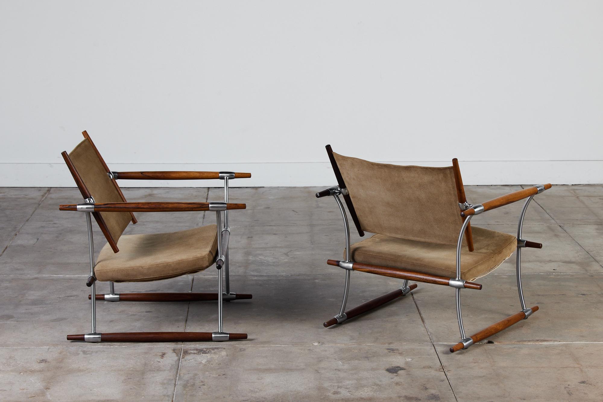 Danish Pair of Jens H. Quistgaard Suede and Rosewood 'Stokke' Lounge Chair